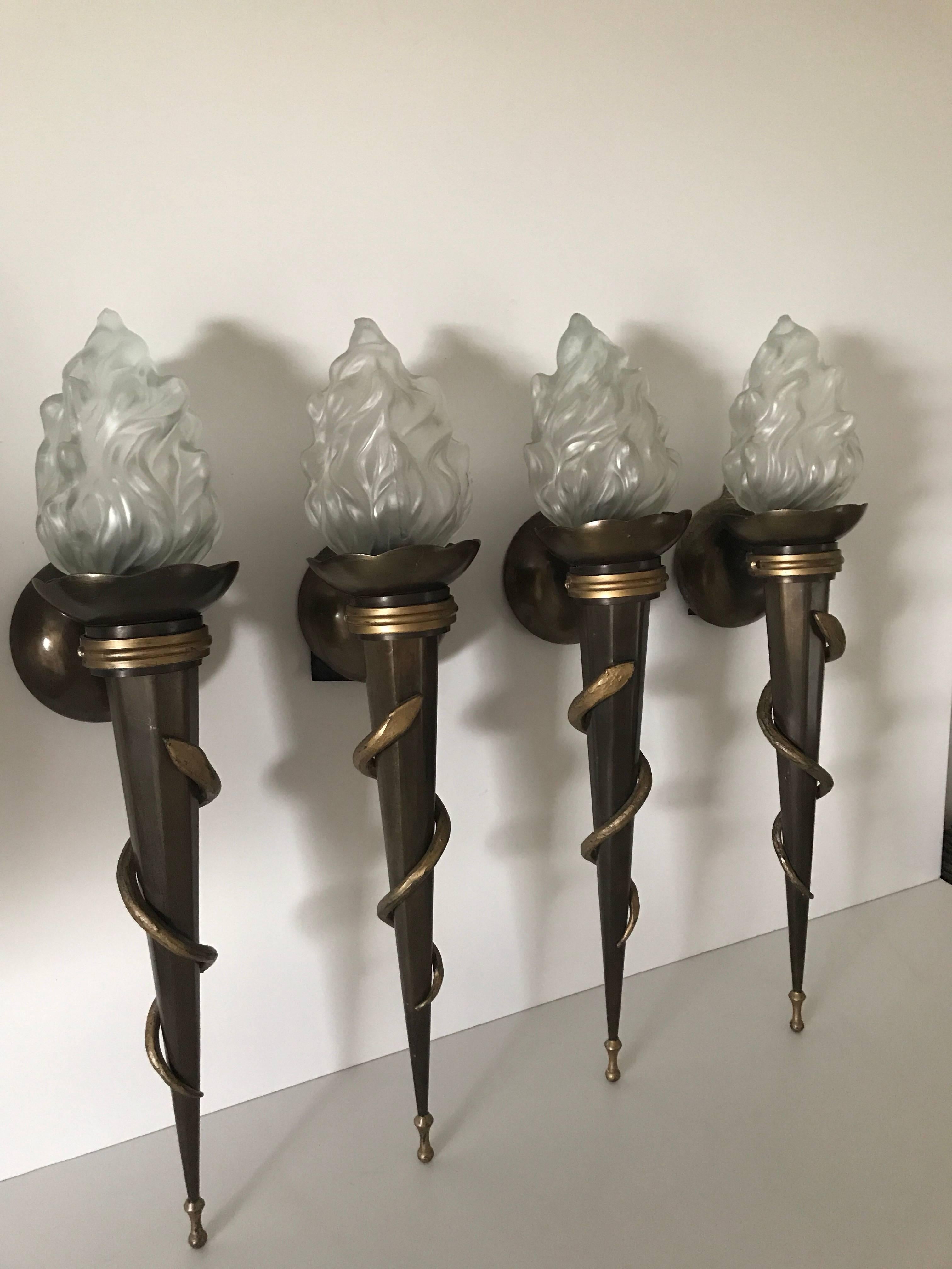 Two Pair of Rare Large Swedish Art Deco Torch Wall Sconces Totally Four Pieces For Sale 4