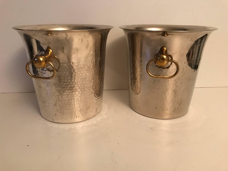Pair of Hammered Swedish Silver Plate and Brass Champagne Wine Coolers