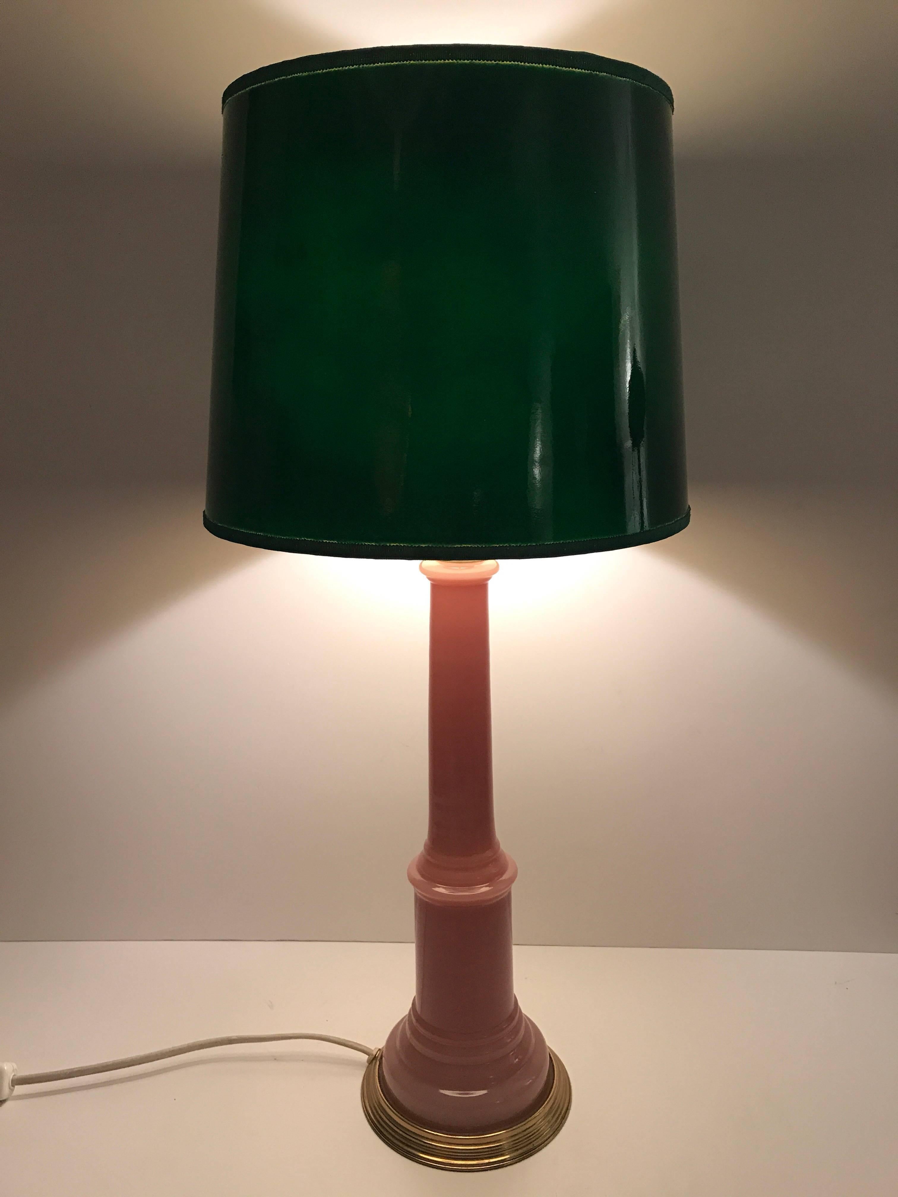 Pair of large Swedish Josef Frank opaline glass table lamps Svenskt Tenn model 2583. A beautiful pair of pink or light bourdeaux colour opaline glass and brass lamps. They are large and measure 65 cm in height and the shade has a diameter of 30 cm.
