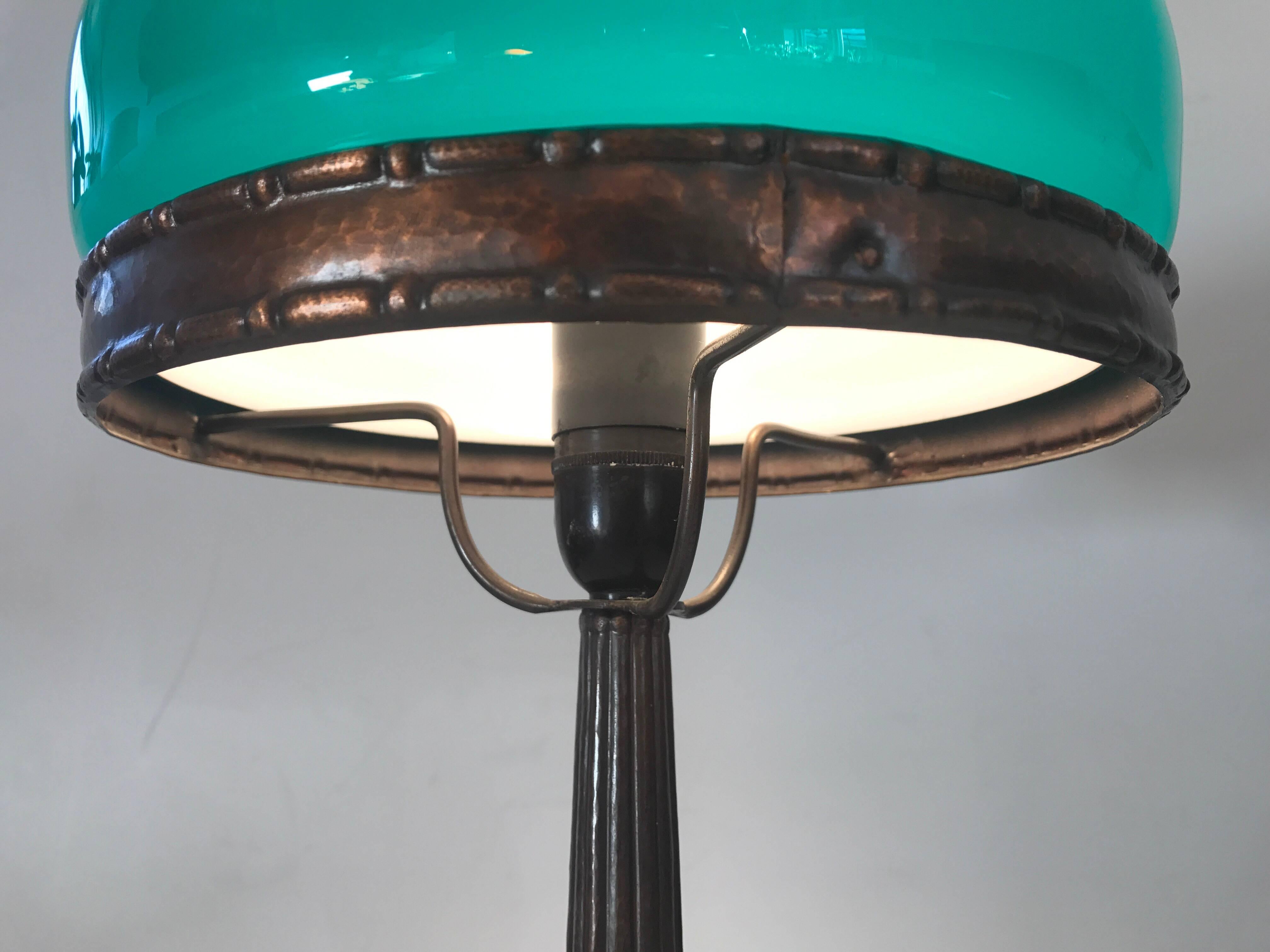 Early 20th Century Swedish Art Nouveau Jugendstil 1920 Copper and Glass Table Lamp