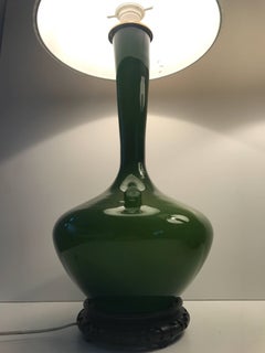 Rare Very Large Swedish Orrefors Pair of Green Opaline Glass Table Lamps, 1950