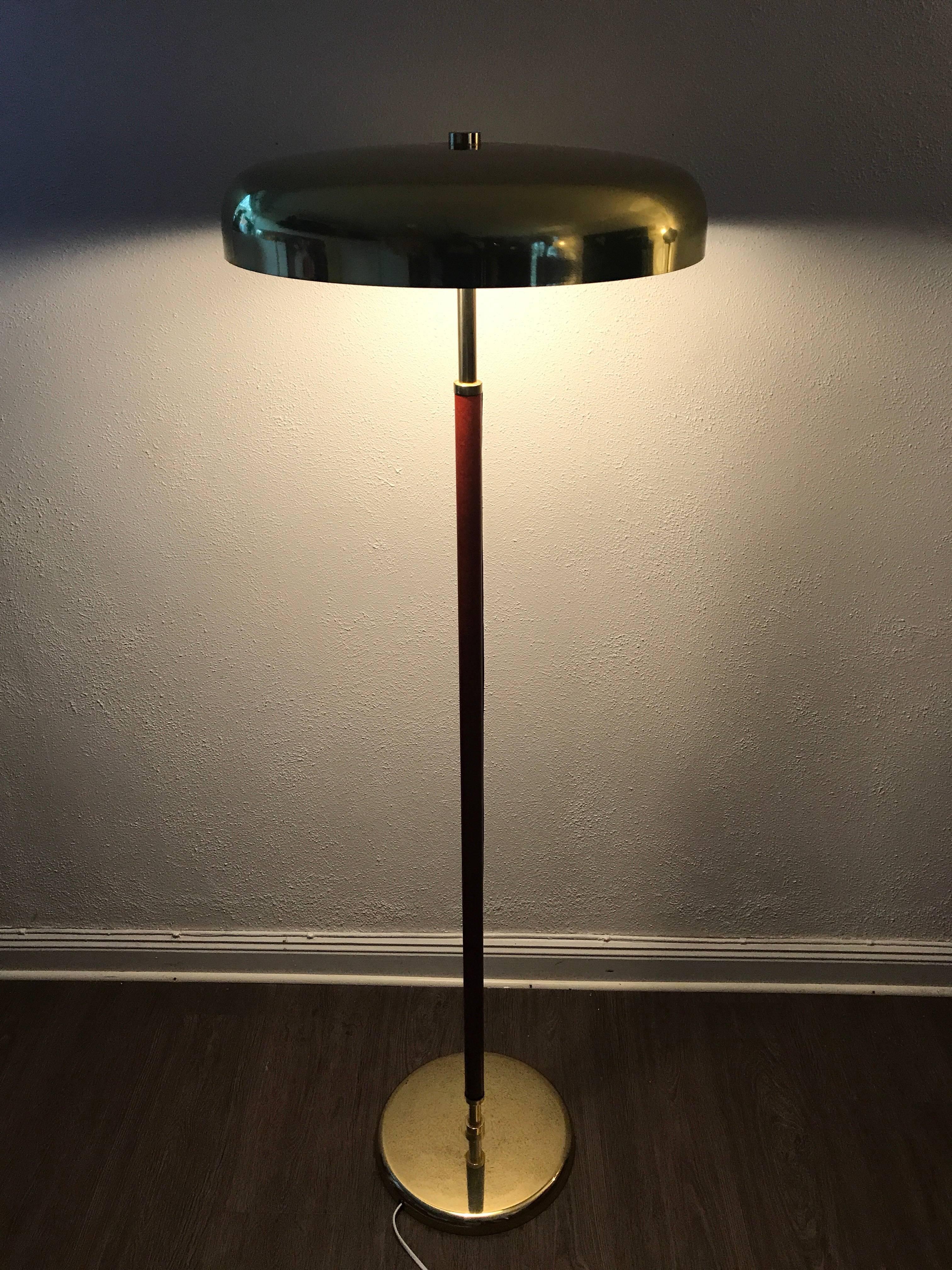 Polished Very Rare Exclusive Swedish Brass and Leather Floor Lamp by Örsjö Industri AB For Sale
