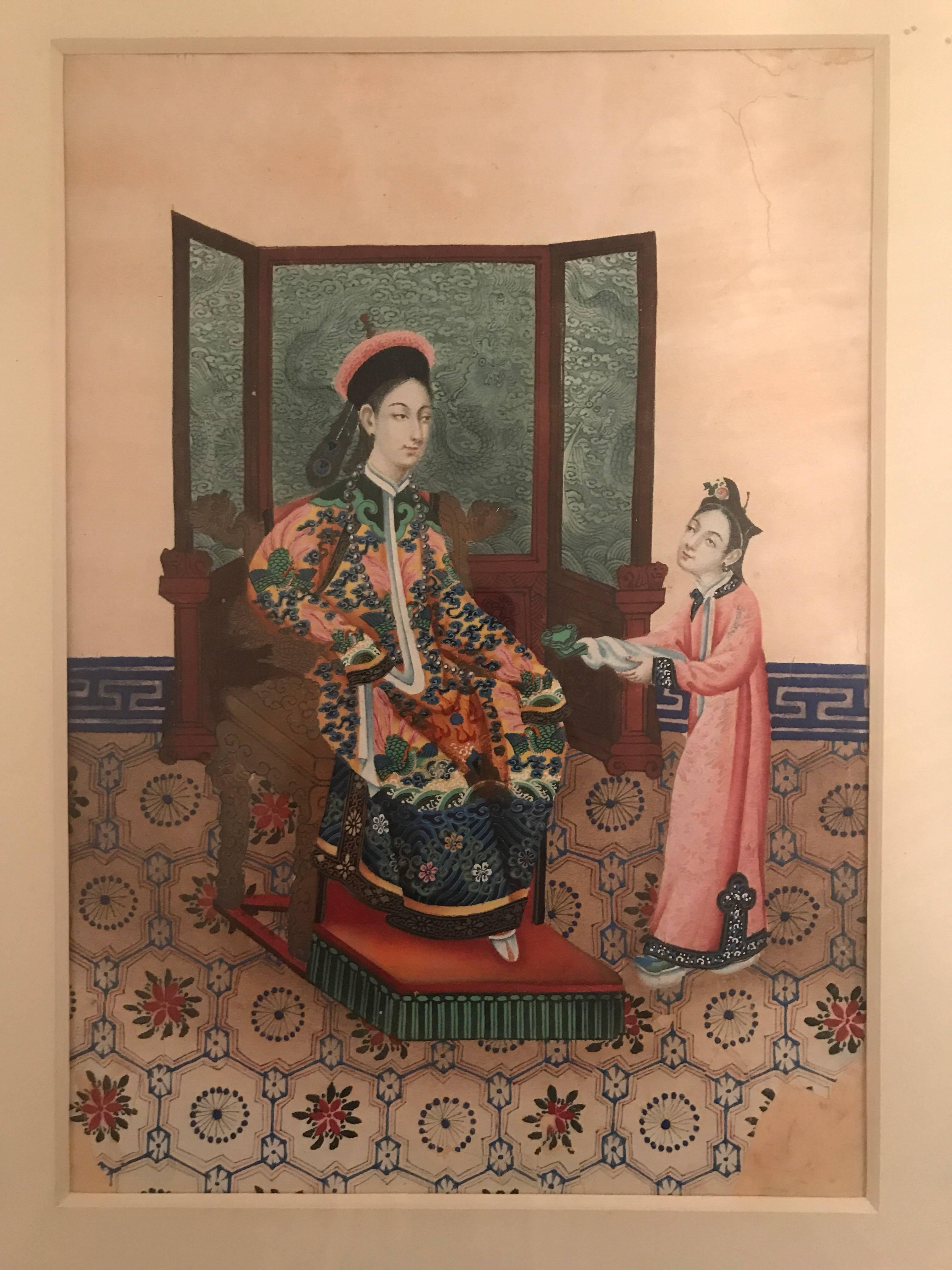 Pair of Very High Quality Antique Chinese Ancestor Portraits on Ricepaper In Fair Condition For Sale In Drottningholm, SE