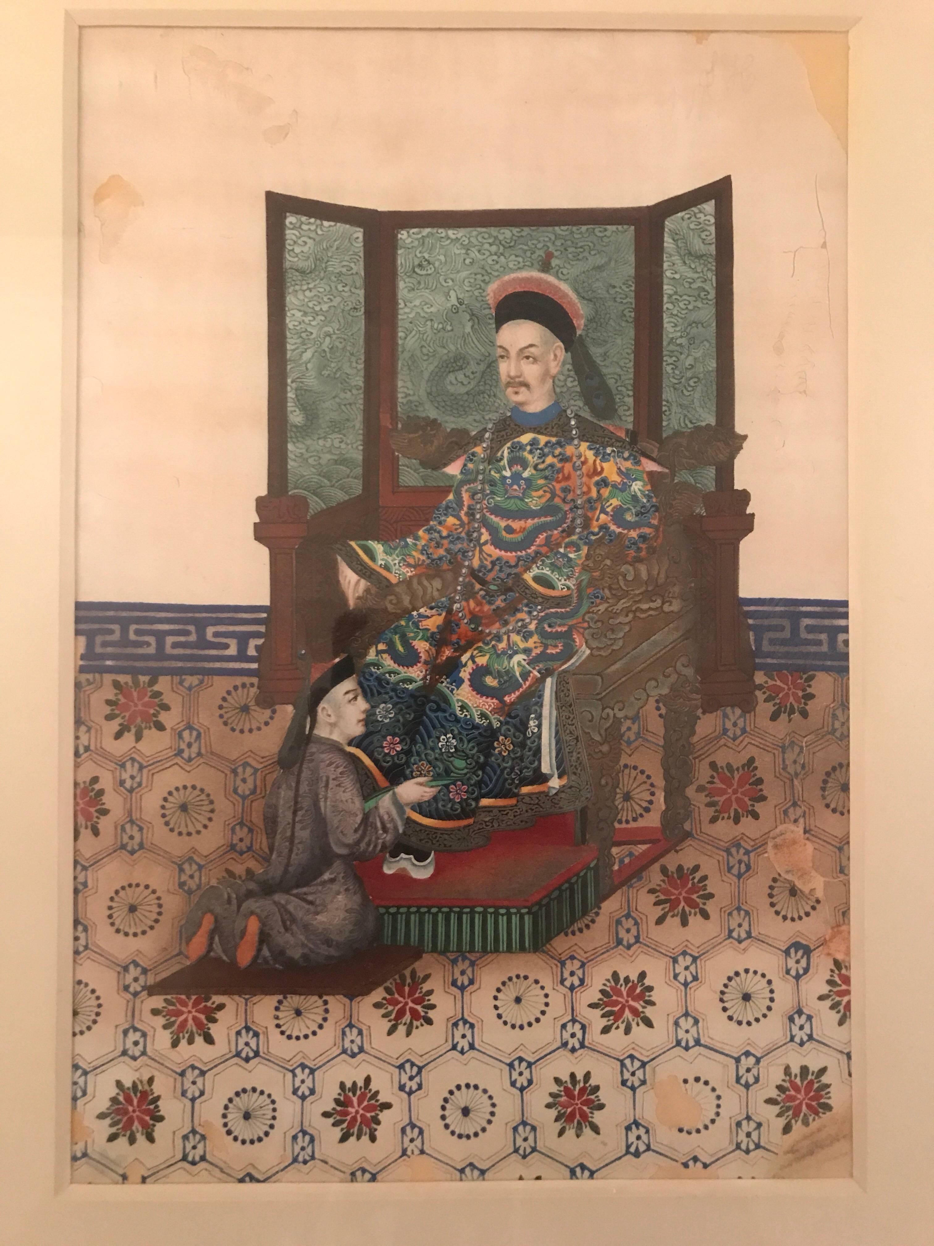Pair of very high quality antique Chinese ancestor portraits on ricepaper.
These paintings are made with incredible skill and they are painted in such accuracy and the details are just amazing, the robes, the background with the dragon is just