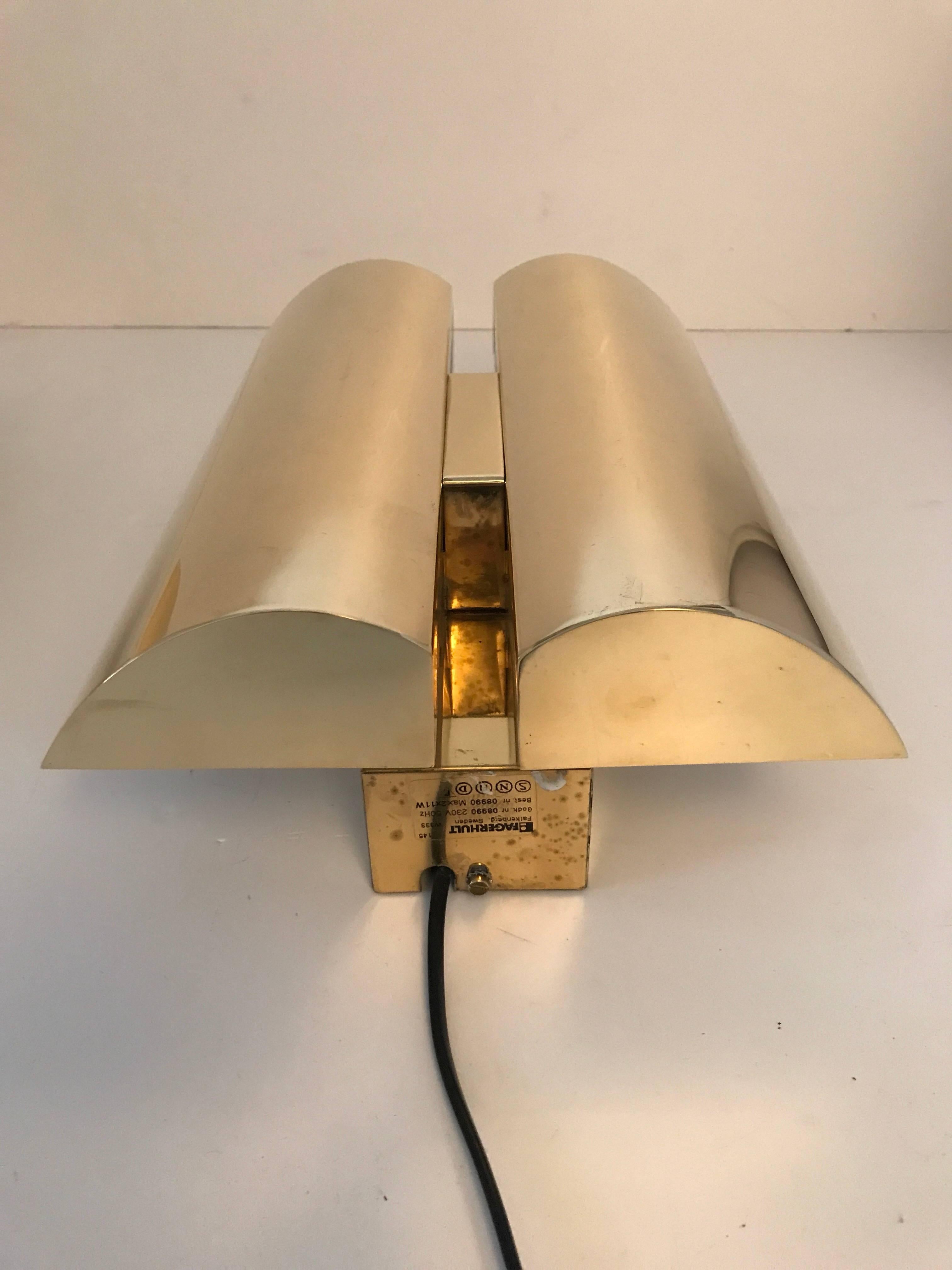 Rare Pair Swedish Fagerhult Brass Wall Sconces Late 20th Century In Excellent Condition For Sale In Drottningholm, SE