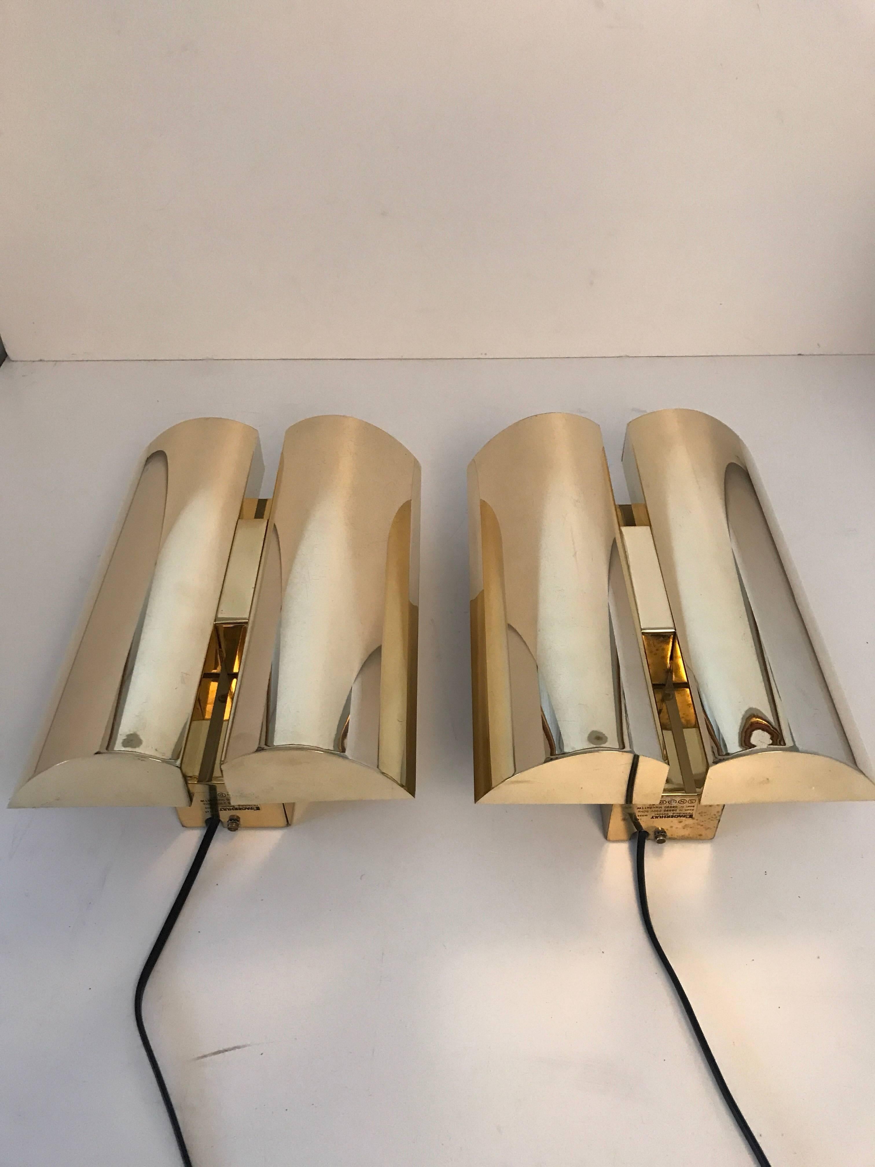 Polished Rare Pair Swedish Fagerhult Brass Wall Sconces Late 20th Century For Sale