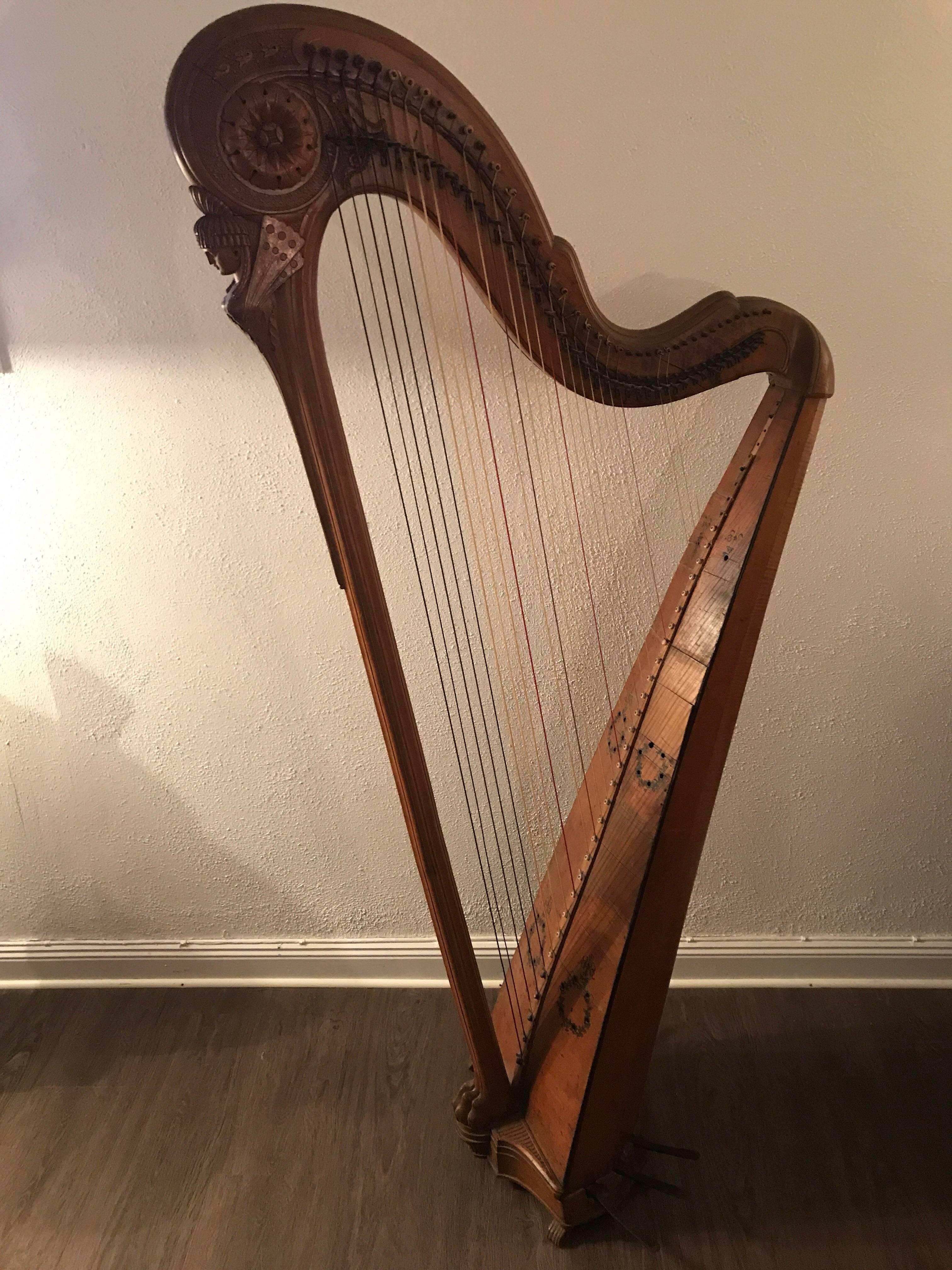 French Louis XVI Single Action Harp Late 18th Century. 
A very beautiful single action pedal harp possibly made by the great French harp maker Jaques - Georges Cousineau or Renault et Chatelain, in the late 18th c somewhere around 1790. 
The harp is