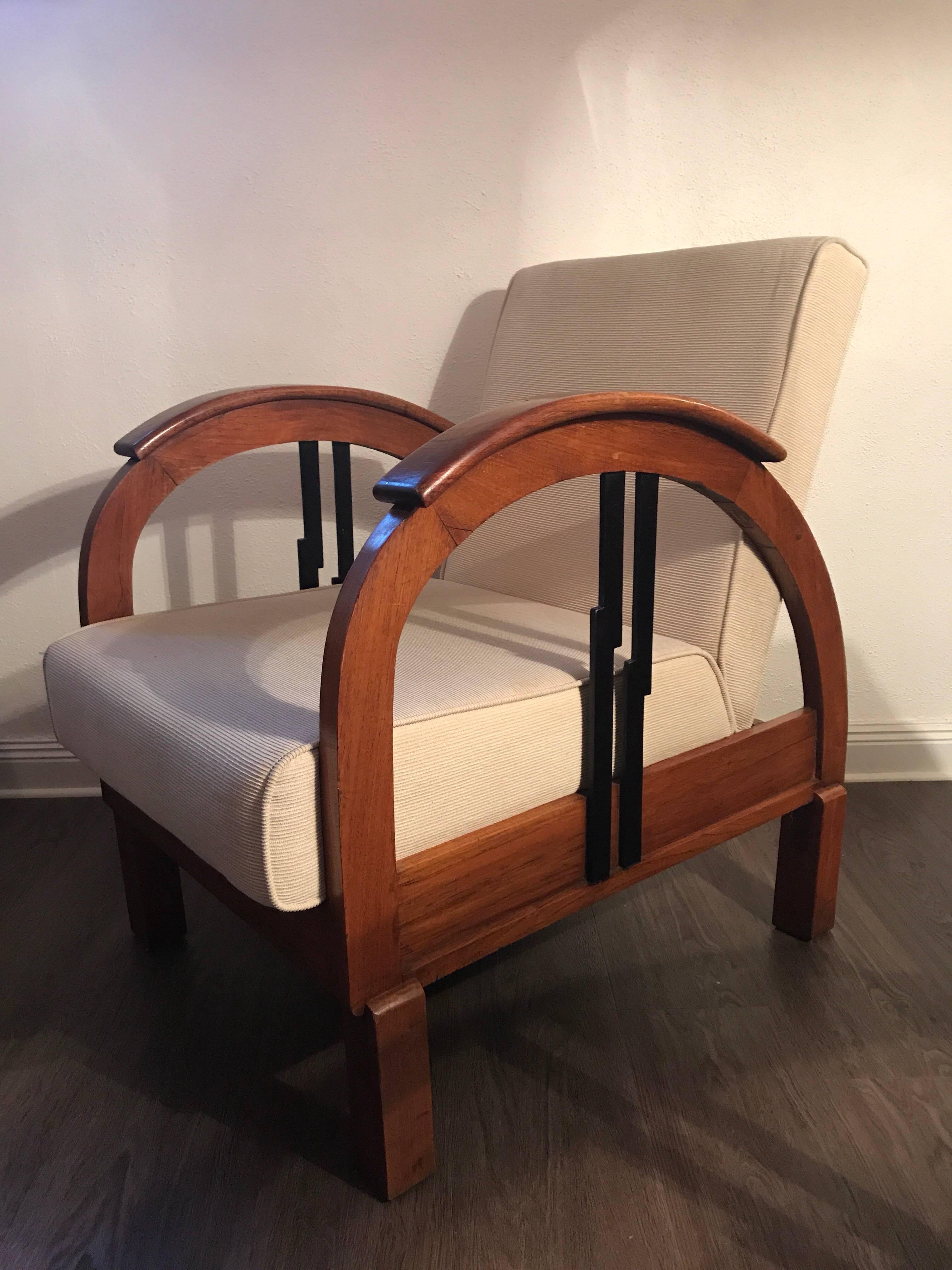 Pair of French 1930 Art Deco Colonial Style Wood Armchairs For Sale 1