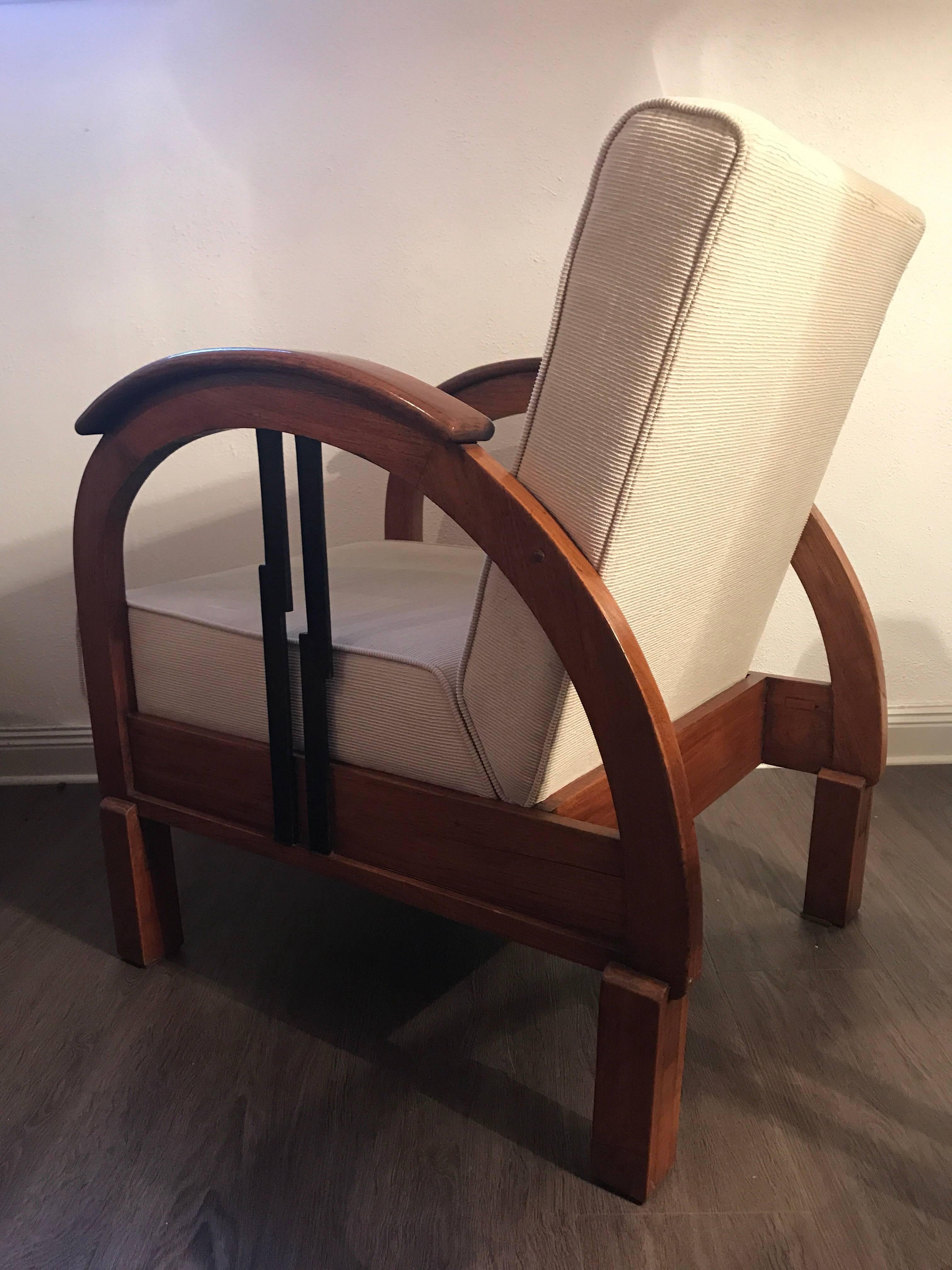 Elm Pair of French 1930 Art Deco Colonial Style Wood Armchairs For Sale