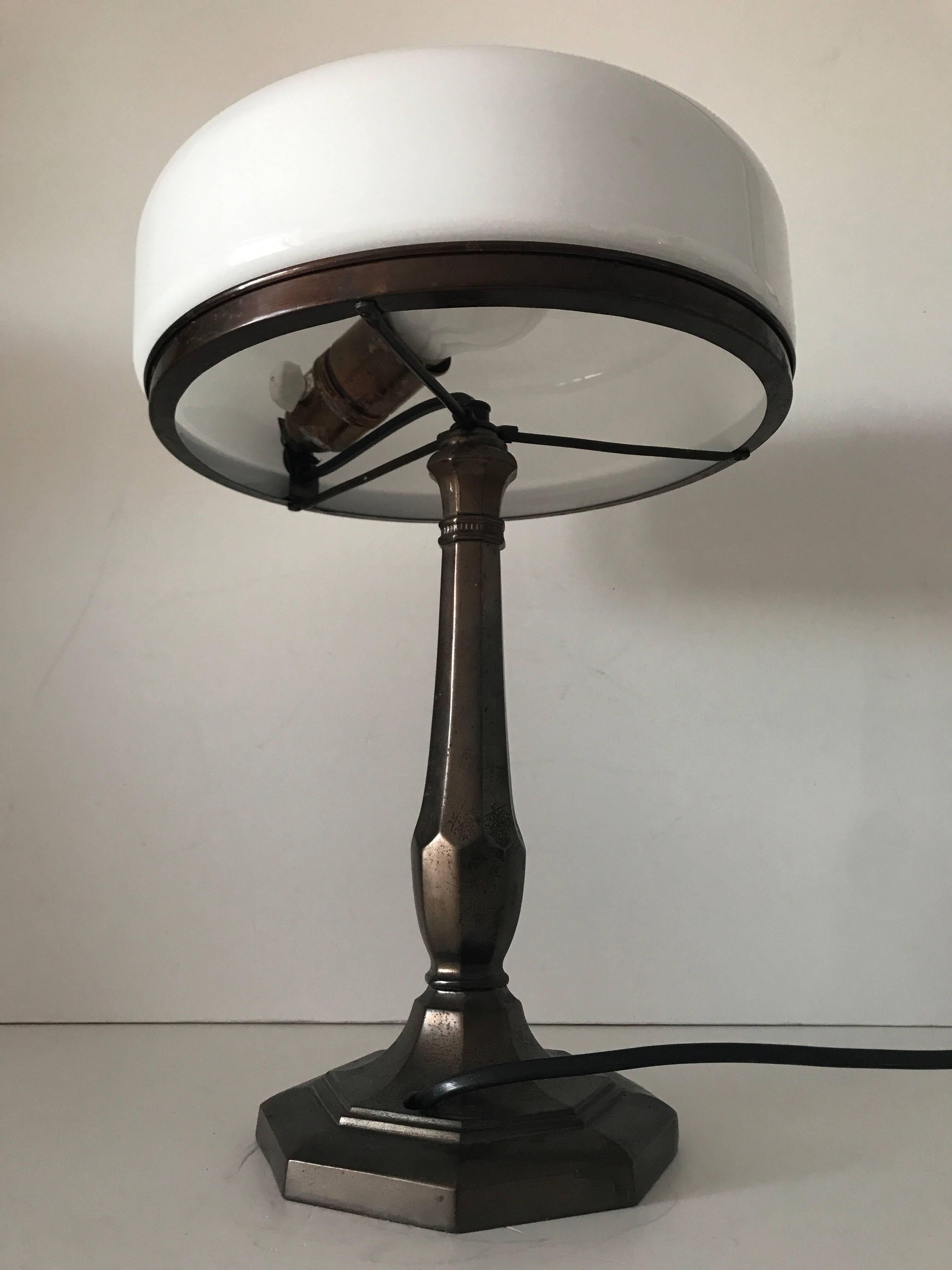 Blown Glass Swedish Jugendstil Art Nouveau Copper Patinated Metal Table Lamp For Sale