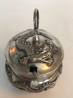 Wang Hing Chinese Export Silver Dragon Mustard Pot with Spoon Early 20th Century