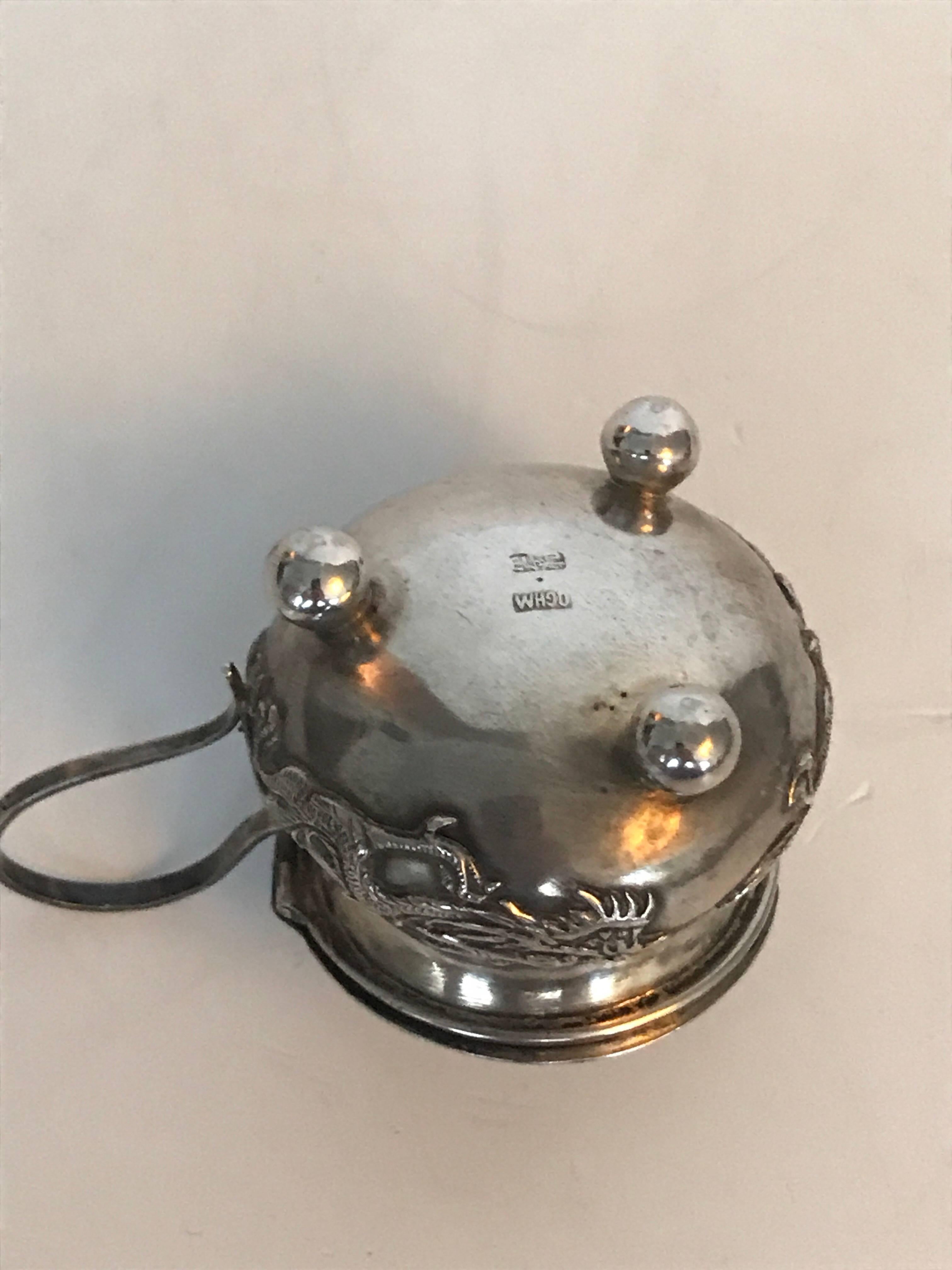 Wang Hing Chinese Export Silver Dragon Mustard Pot with Spoon Early 20th Century For Sale 1