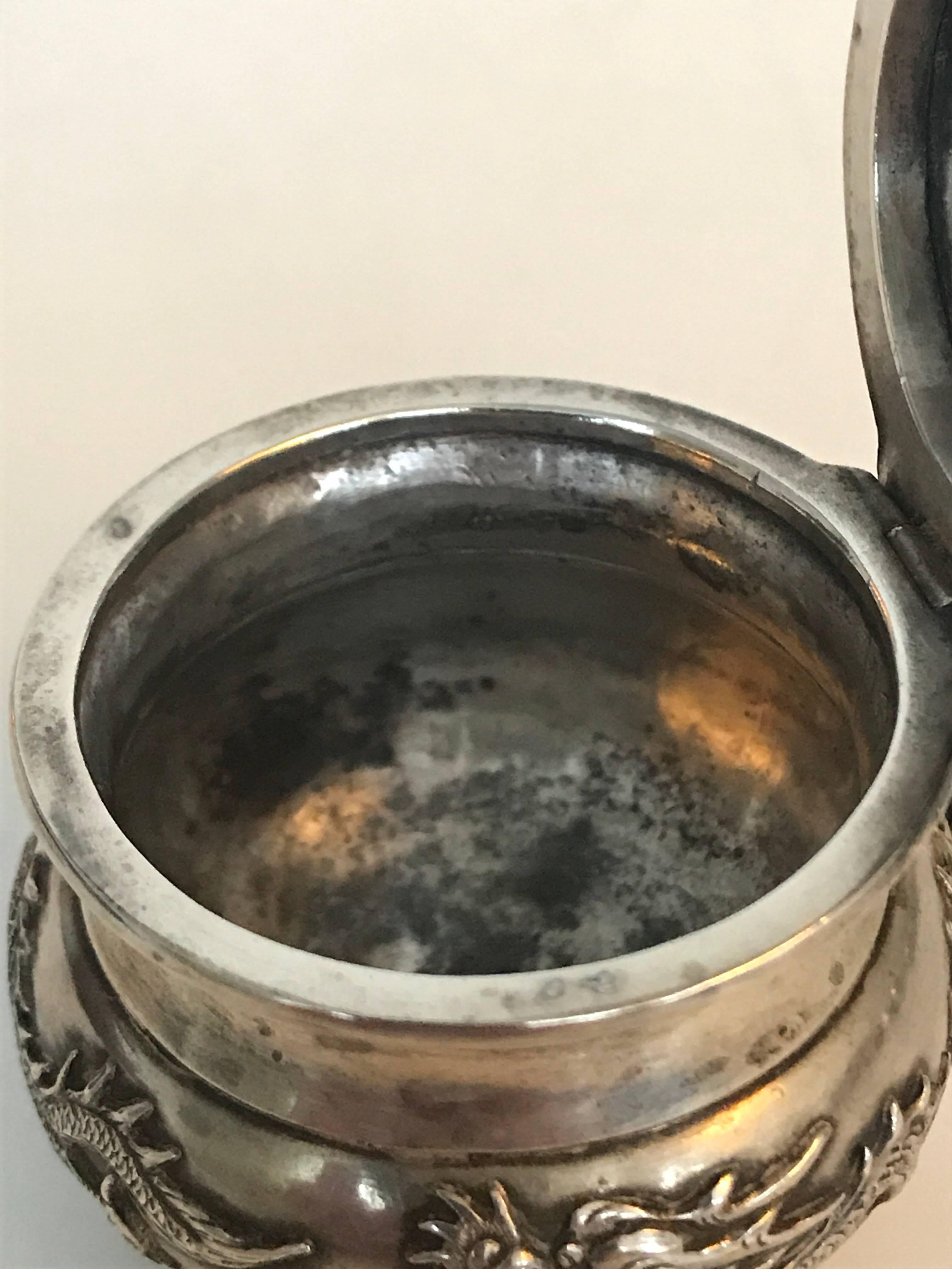 Wang Hing Chinese Export Silver Dragon Mustard Pot with Spoon Early 20th Century For Sale 2