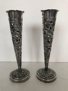Hung Chong Early 20th Century Reticulated Chinese Export Silver Dragon Vases