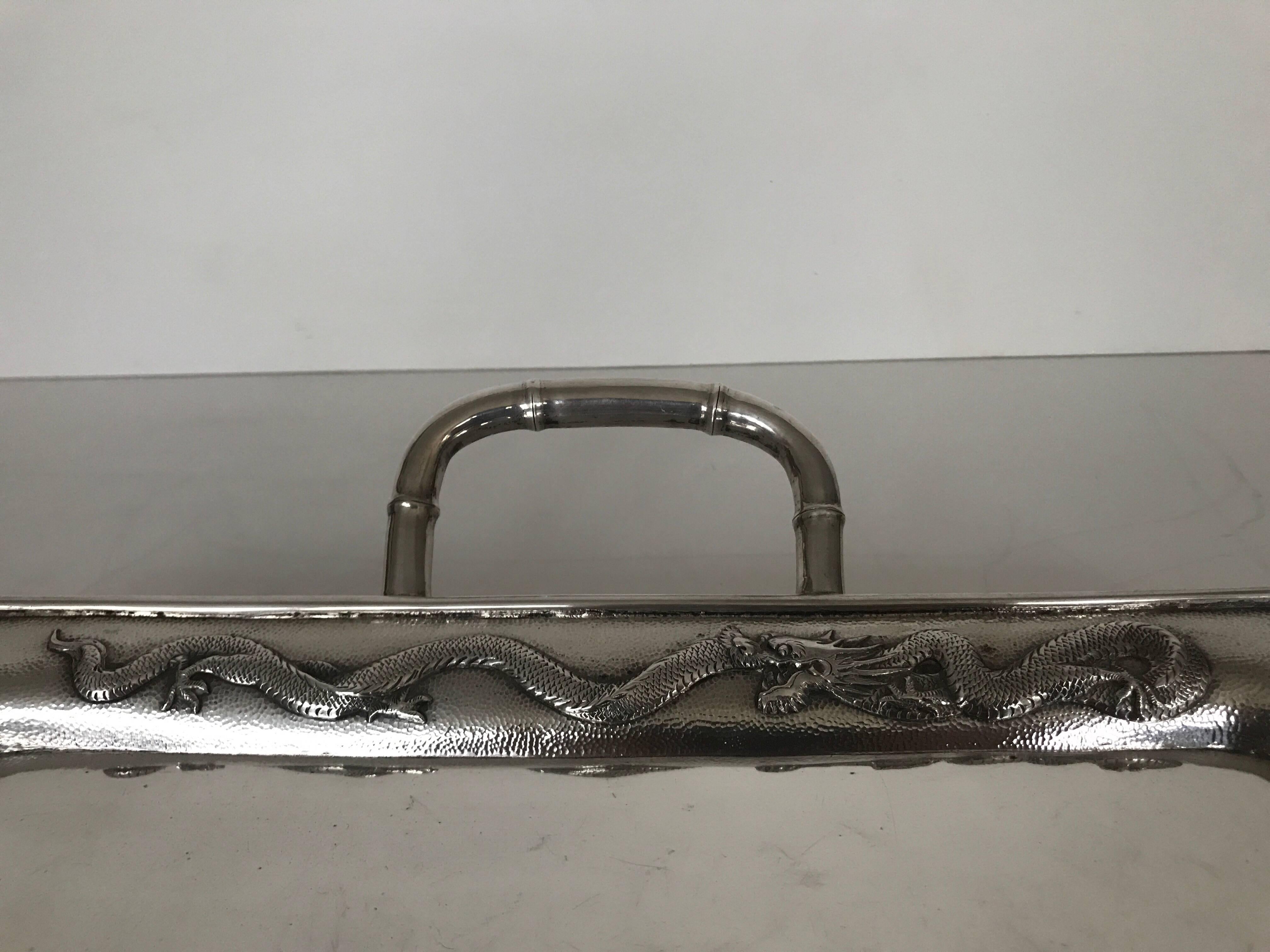 Early 20th Century Massive Chinese Footed Dragon Export Silver Tray Made by Luen Hing  For Sale