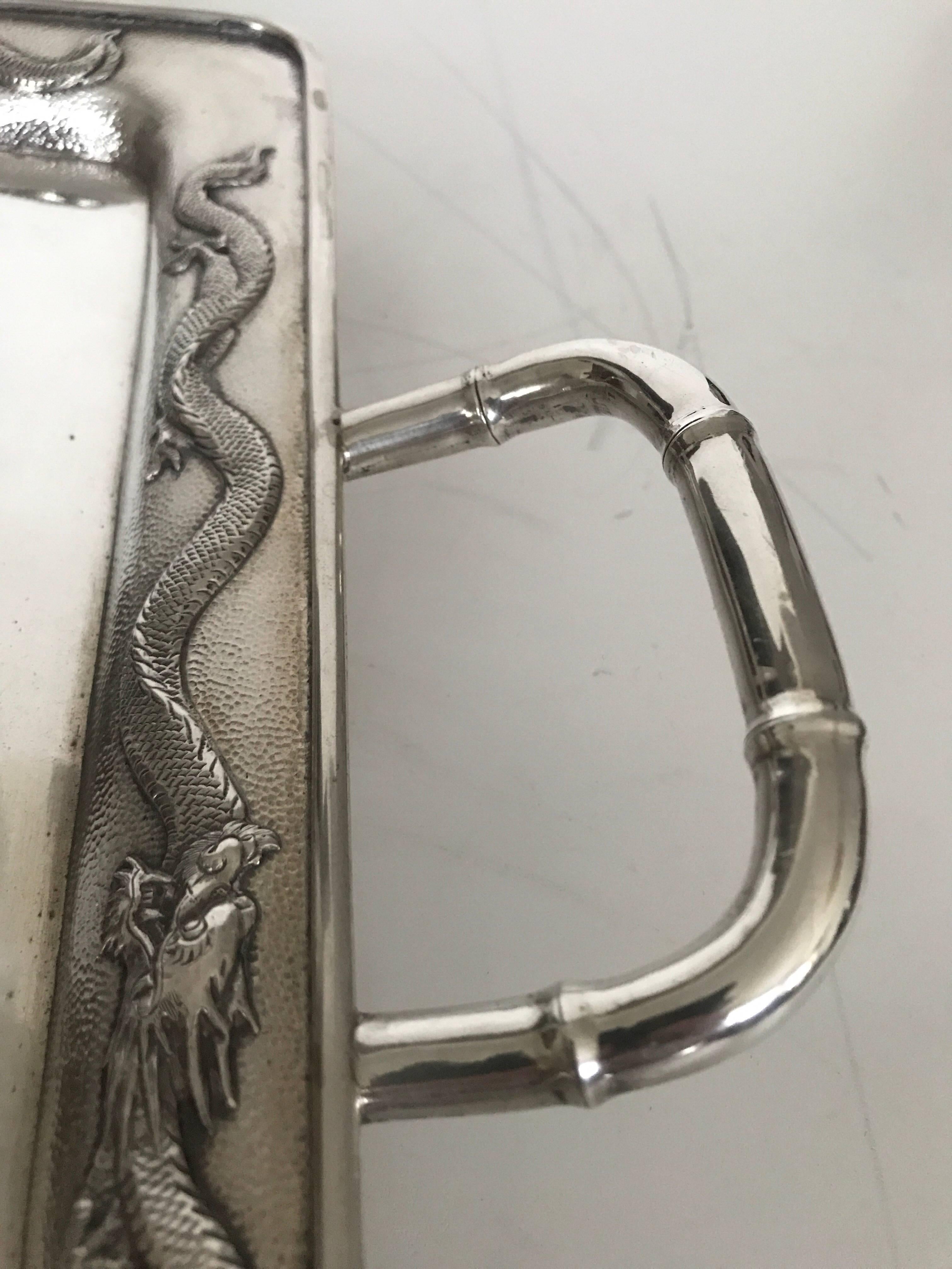 Massive Chinese Footed Dragon Export Silver Tray Made by Luen Hing  For Sale 1