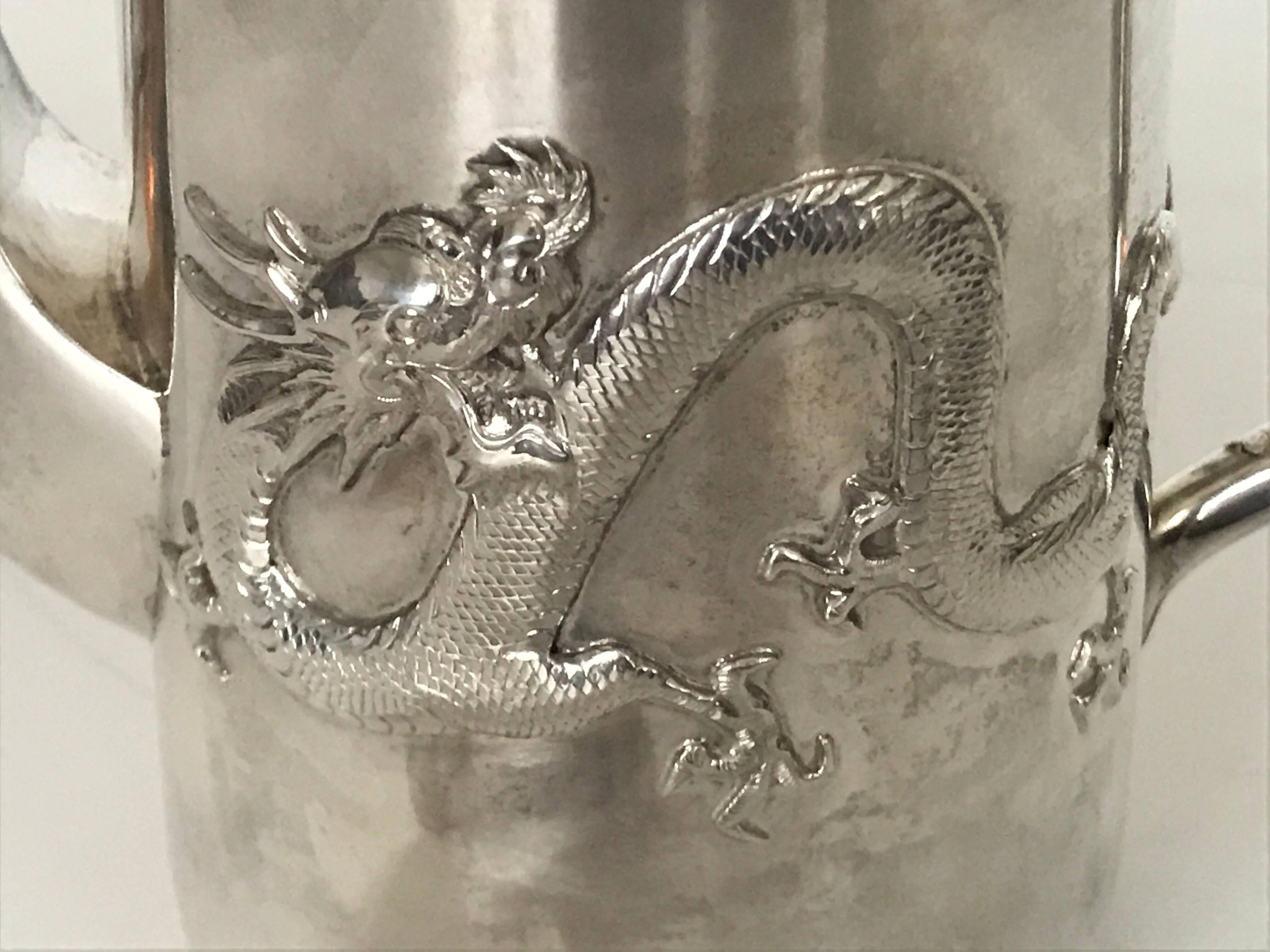 Early 20th Century Chinese Export Silver Dragon Tea ot And Sugar Bowl by Luen Hing  For Sale
