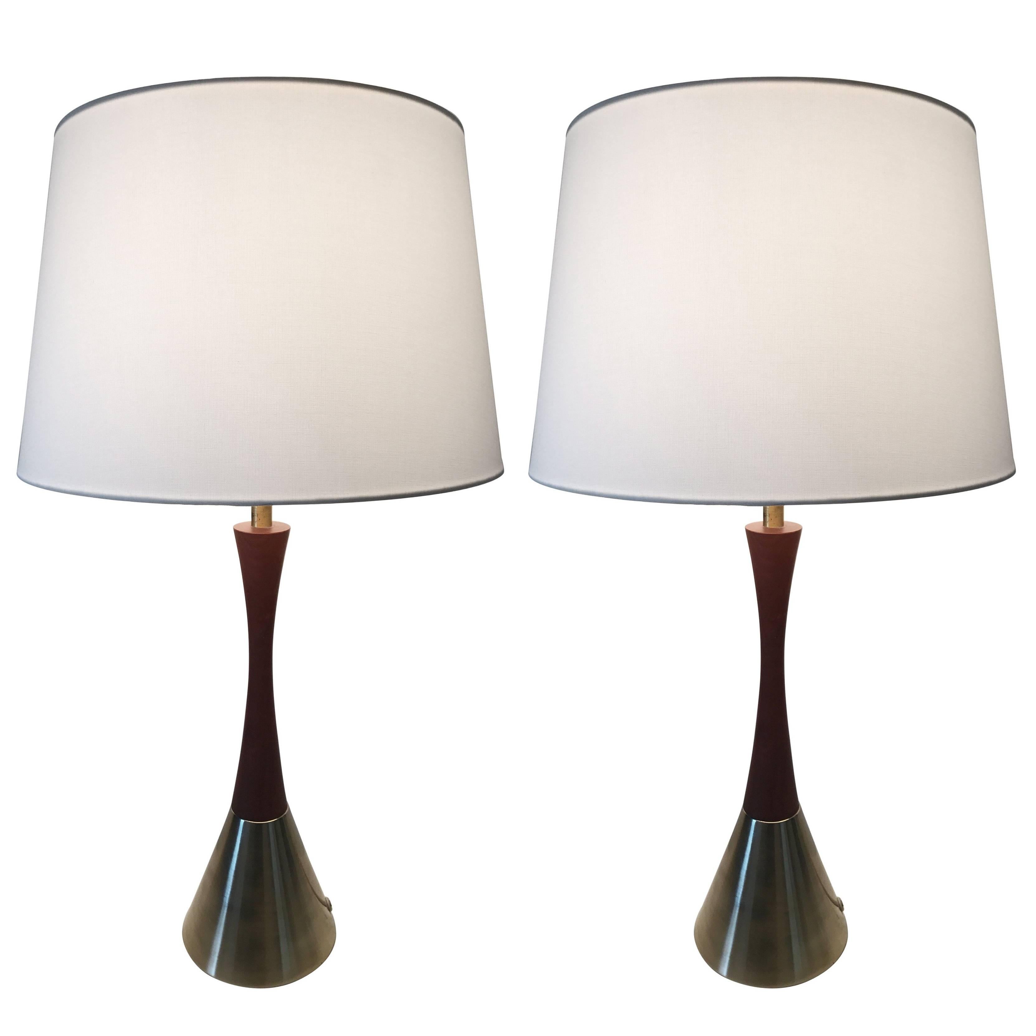 Pair of Rare Large Swedish Bergboms B-06 Teak and Brass Table Lamp, 1955 For Sale