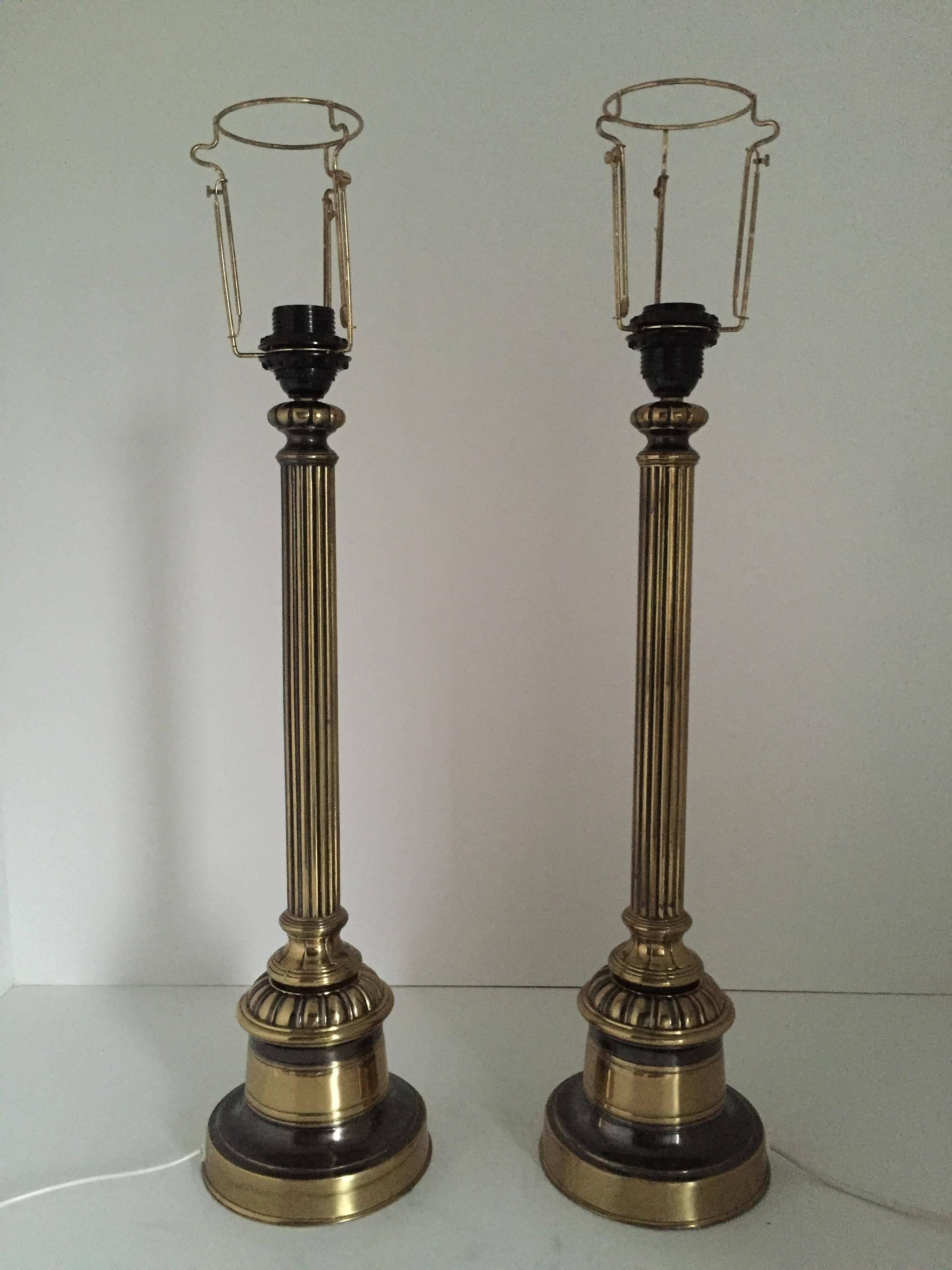 1935 Swedish Empire style pair of large brass and metal table lamps by Bergboms.
A beautiful pair of brass and steel table lamps in the Swedish Empire style. They are very large and display very nicely, the total height including the shade is 80 cm