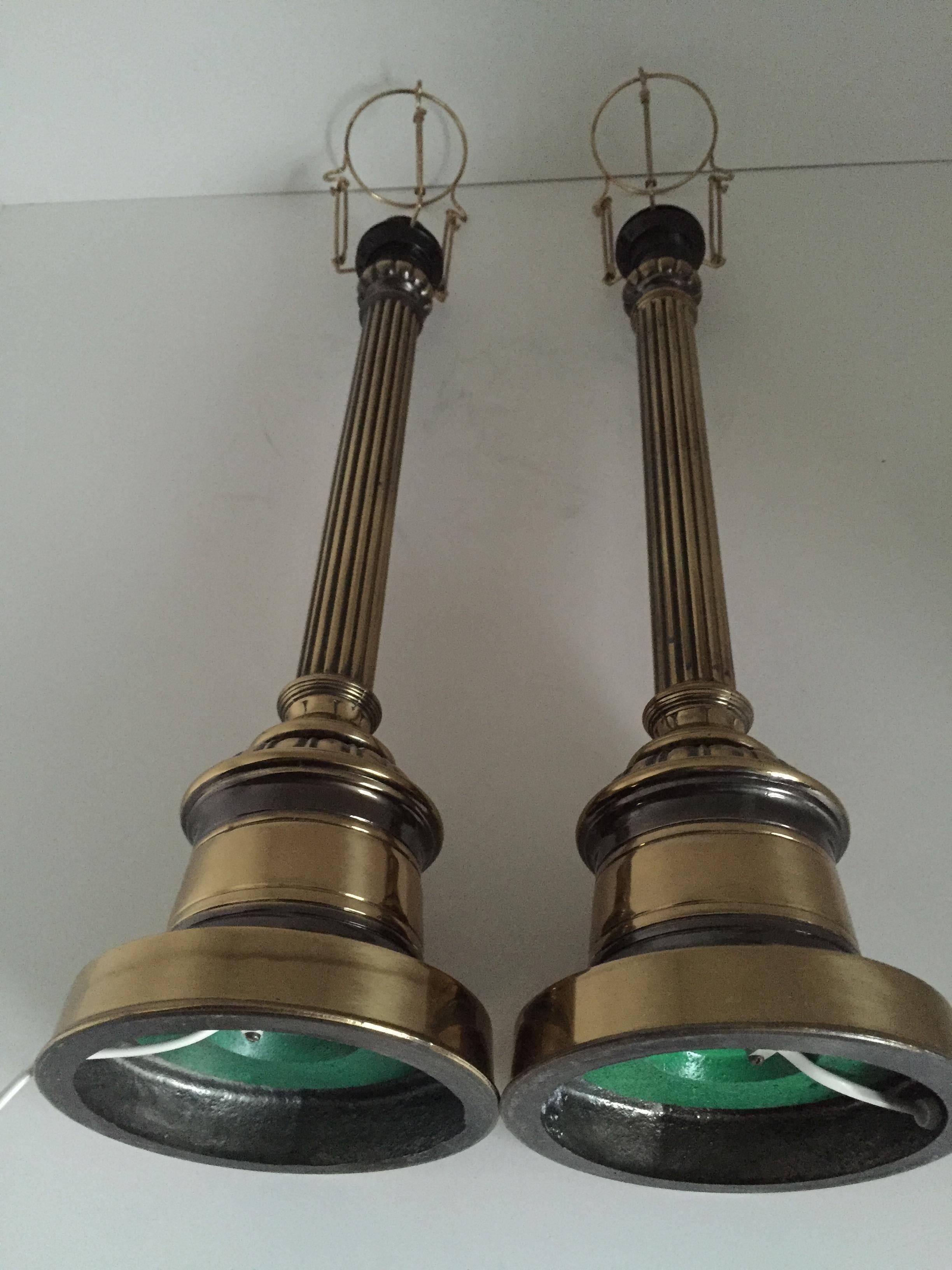 1935 Swedish Empire Style Pair of Large Brass and Metal Table Lamps by Bergboms For Sale 2
