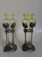 1903 German WMF Jugend Art Nouveau Glass and Silverplated Steel Vases