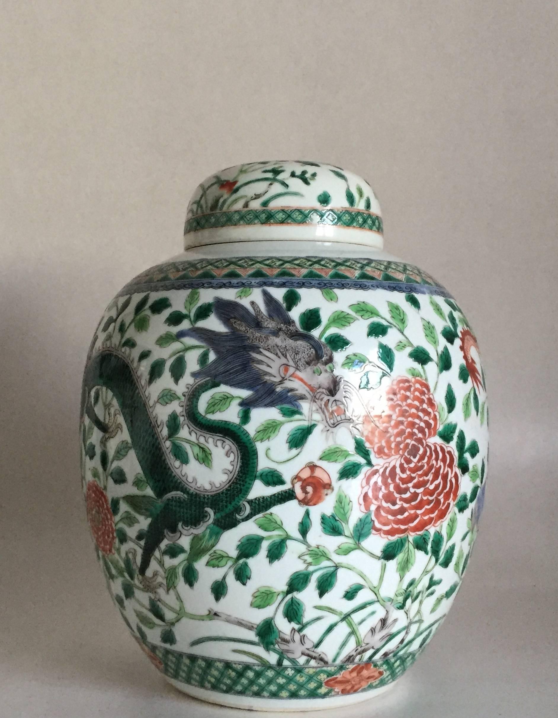 Qing Late 19th-Early 20th Century Chinese Famille Verte Lidded Dragon Jar