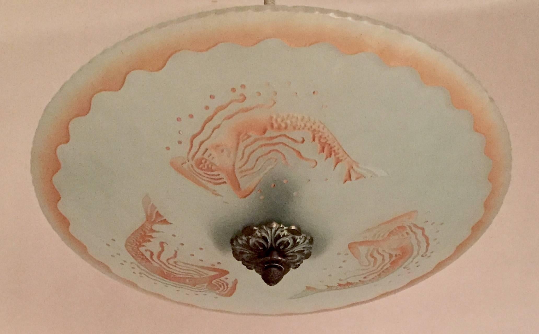 Etched Swedish Art Deco 1935 Orrefors Mermaid Glass Pendant Lamp Chandelier For Sale