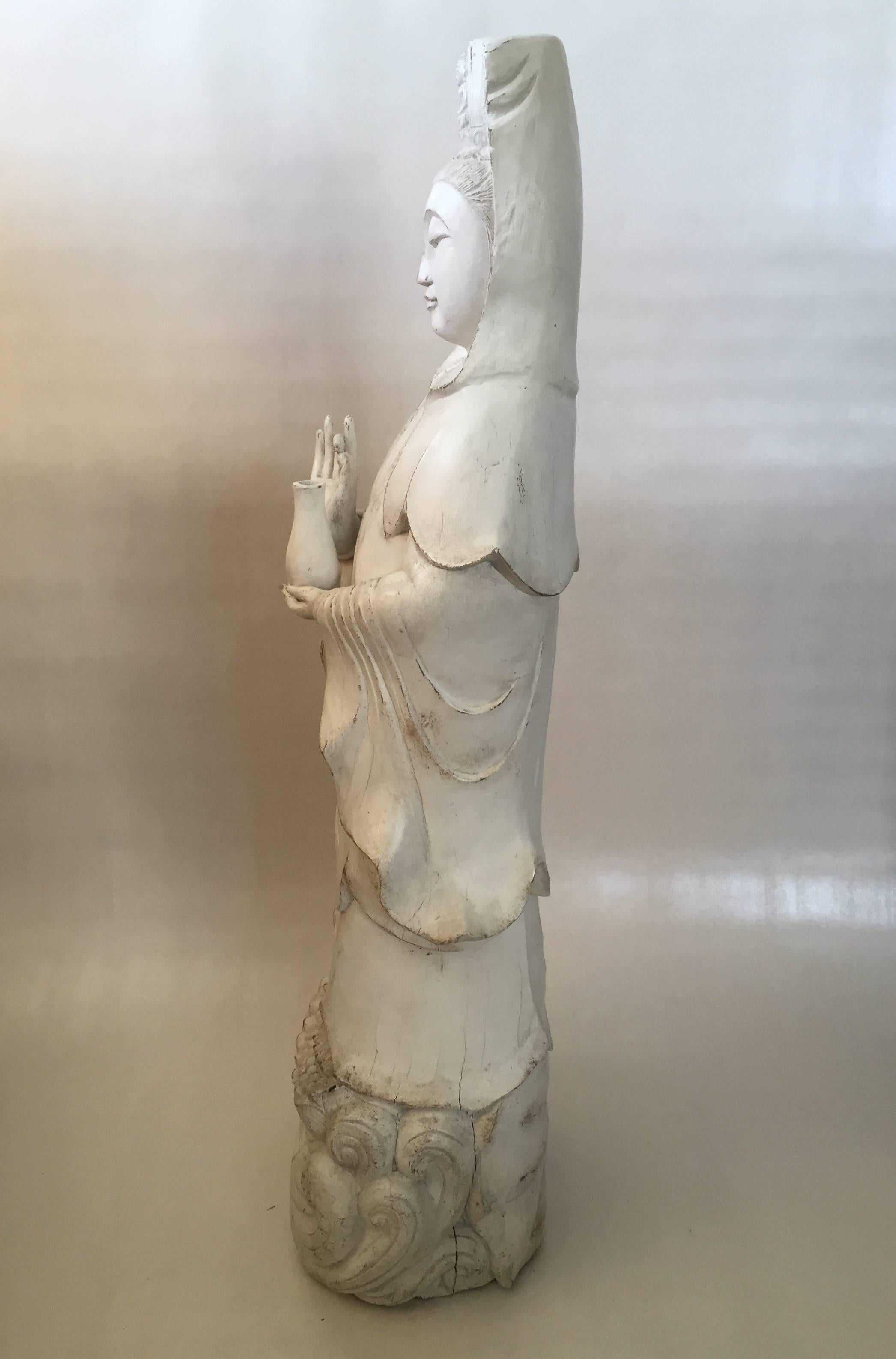 Carved Very Large Floor Statue 19th-Early 20th Century Chinese Wooden Guanyin For Sale