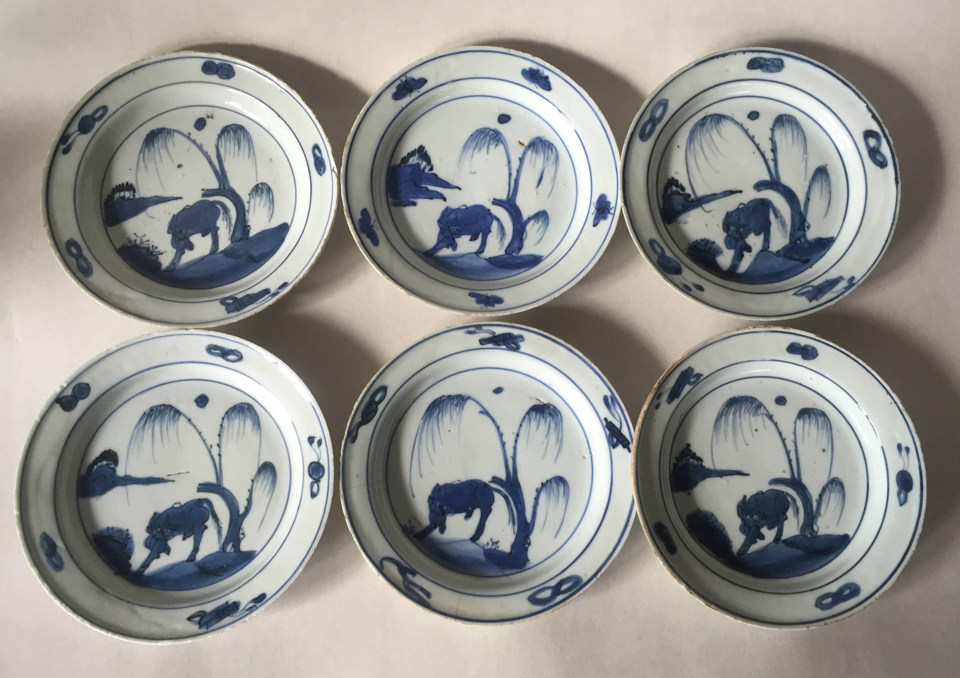 Very rare and unique six Ko Somestuke dishes made for the Japanese market in the late Wanli- Tianqí reign 1610-1627. Depicting an ox under a tree. Five of the dishes are in a very good condition for their age, they are free from cracks, chips and