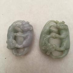 20th Century Chinese Green Jade and Lavender Jade Double Cat Pendants