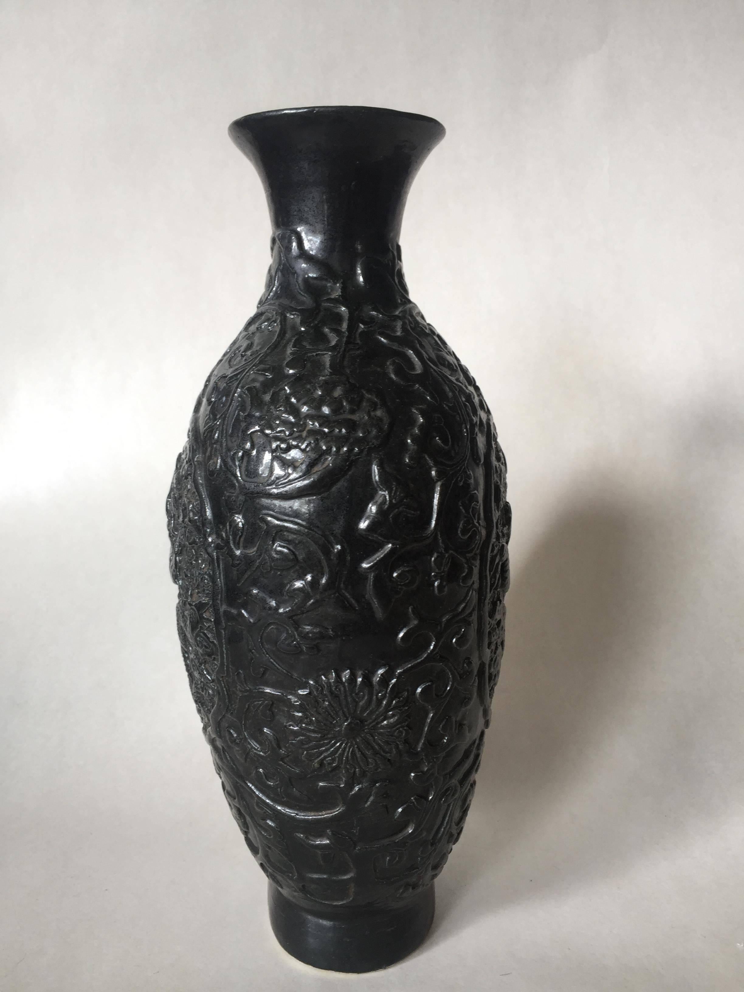Qing Late 19th Century Chinese Qianlong Mark Bisque Relief Dragon Vase