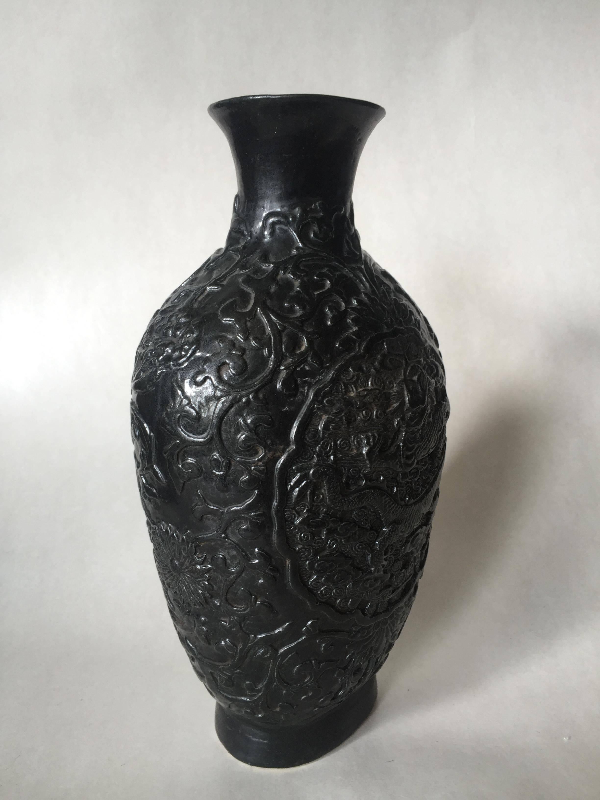 Late 19th Century Chinese Qianlong Mark Bisque Relief Dragon Vase In Good Condition In Drottningholm, SE