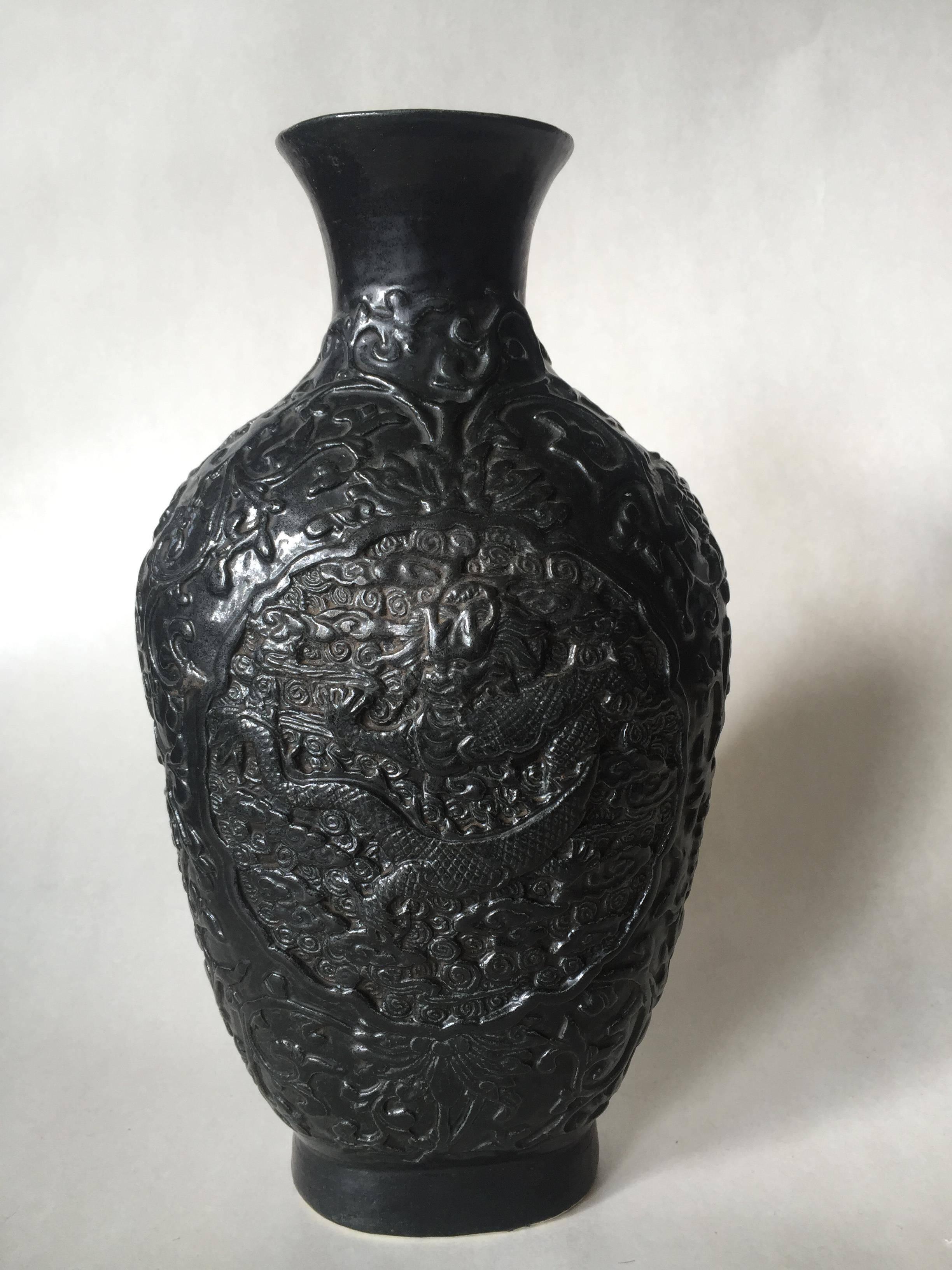Porcelain Late 19th Century Chinese Qianlong Mark Bisque Relief Dragon Vase