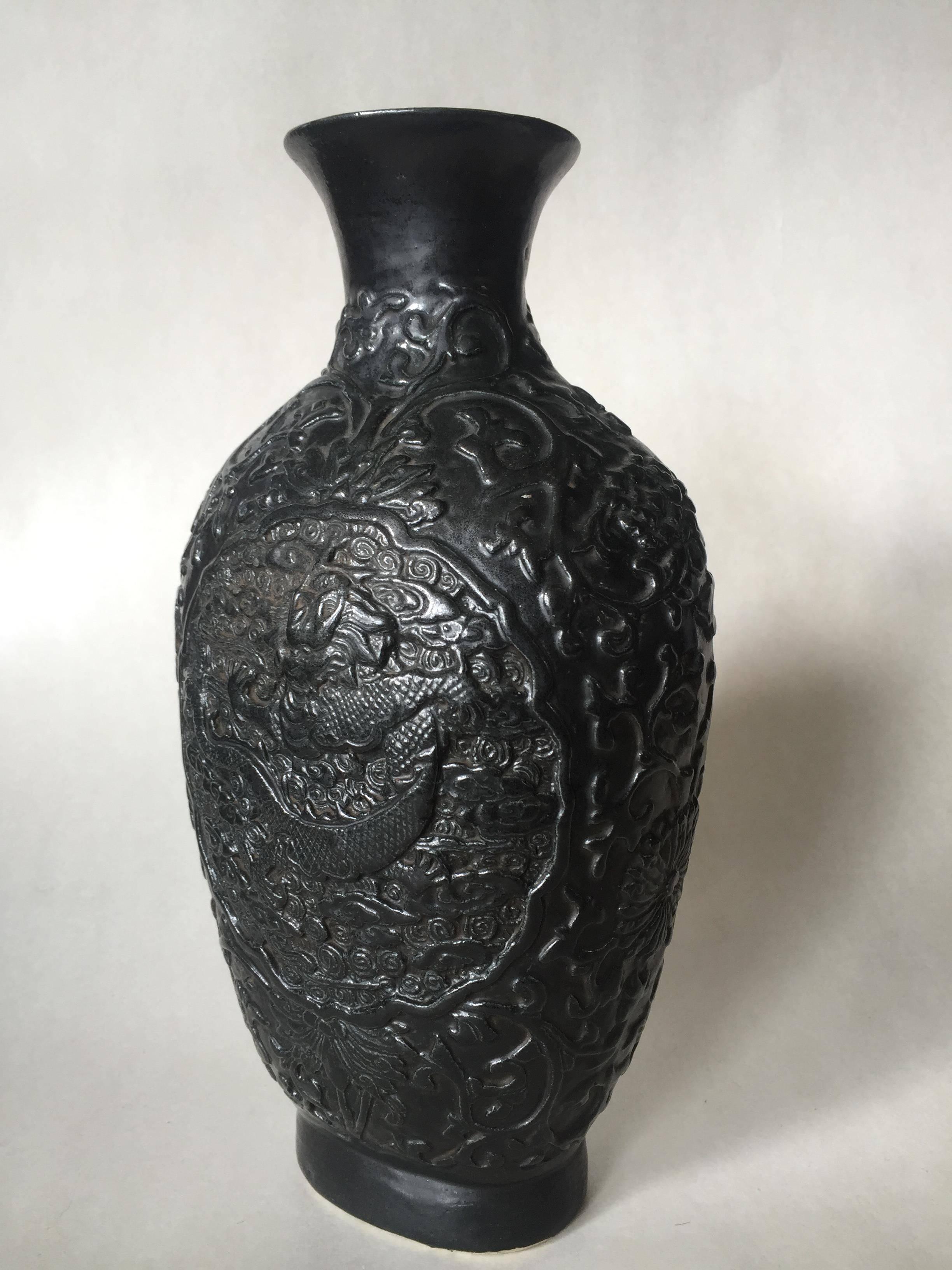 Late 19th Century Chinese Qianlong Mark Bisque Relief Dragon Vase 1