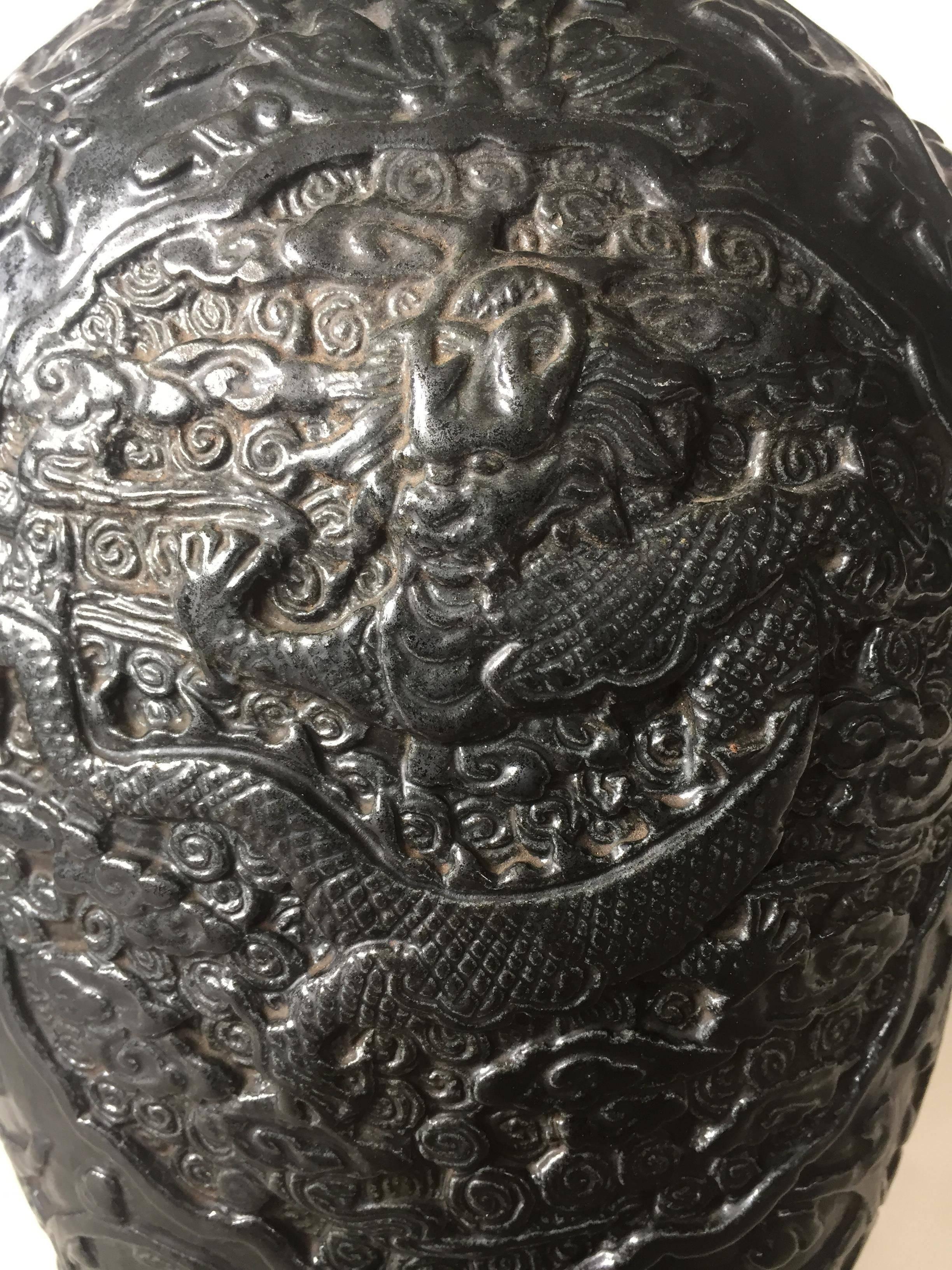 Late 19th Century Chinese Qianlong Mark Bisque Relief Dragon Vase 2