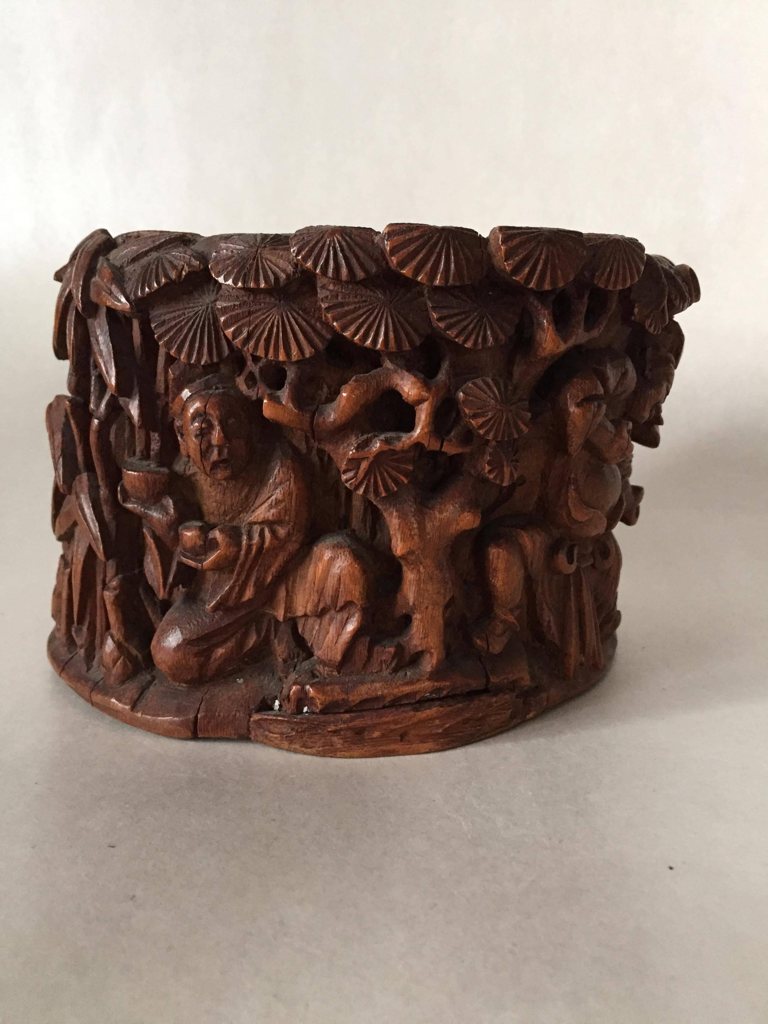 Qing 19th Century Chinese Carved Bamboo Brushpot For Sale