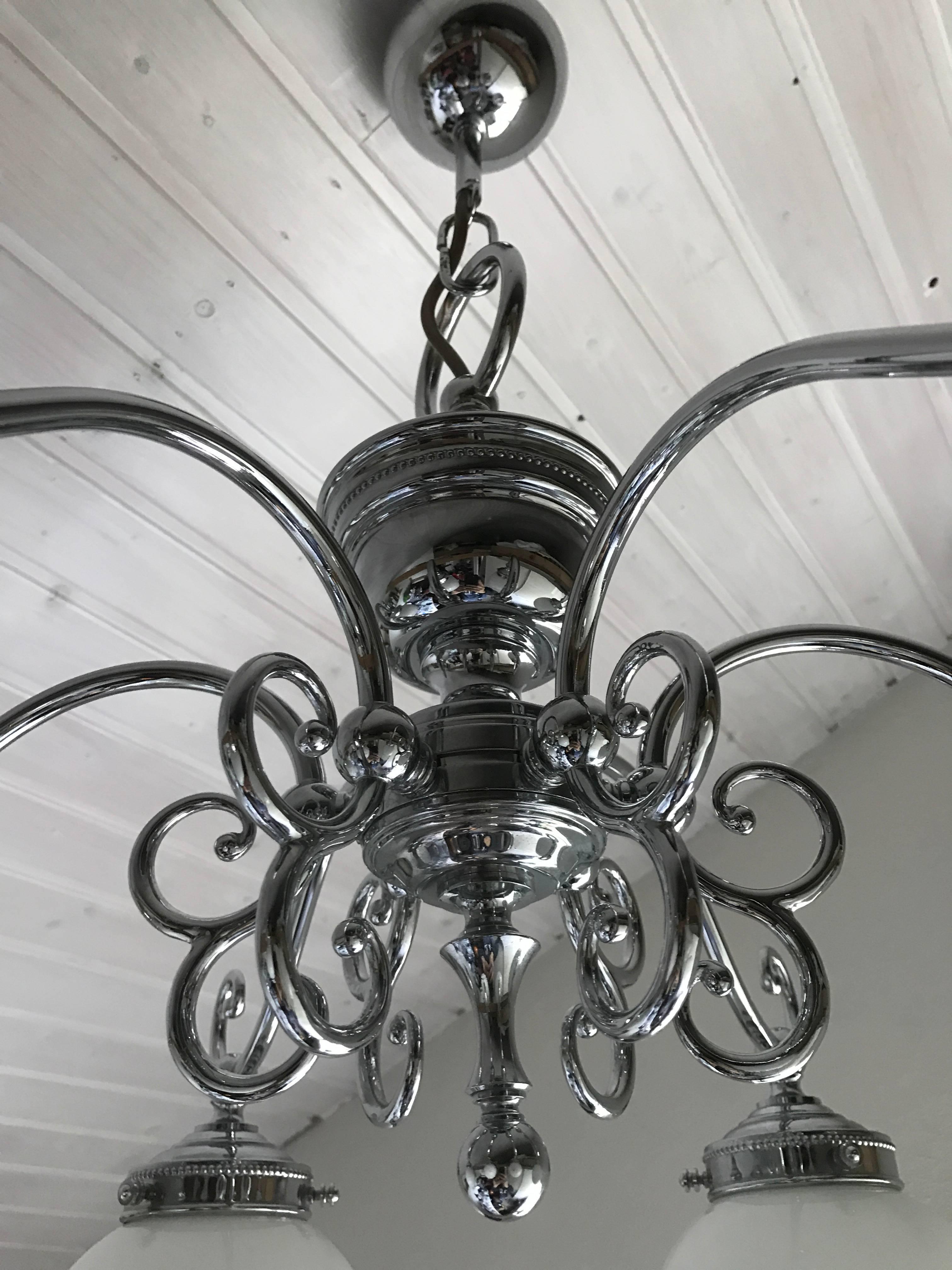 Mid-20th Century Swedish Art Deco Style Chrome and Glass Six-Bulb Chandelier For Sale 2