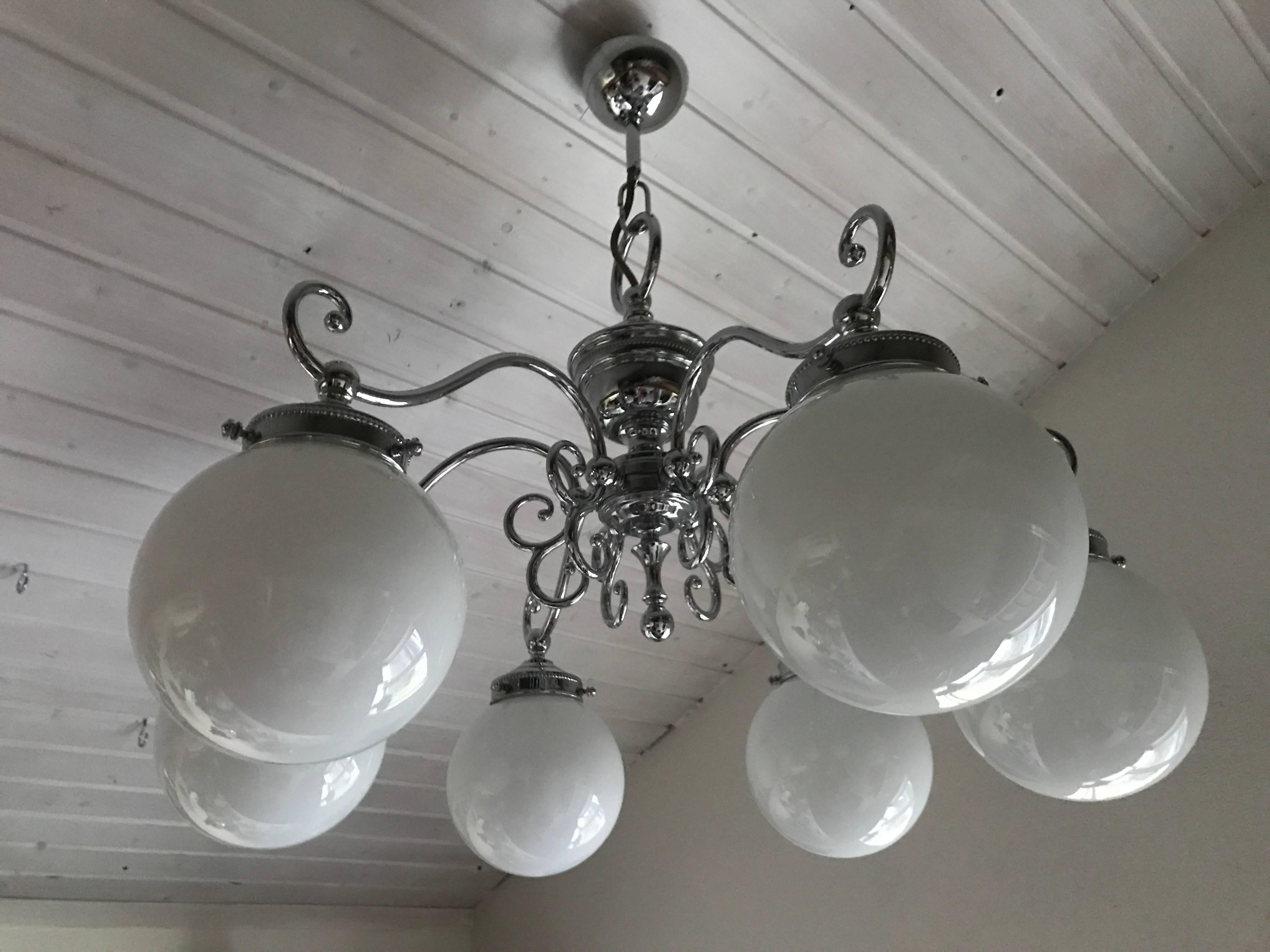 Mid-20th Century Swedish Art Deco Style Chrome and Glass Six-Bulb Chandelier In Excellent Condition For Sale In Drottningholm, SE