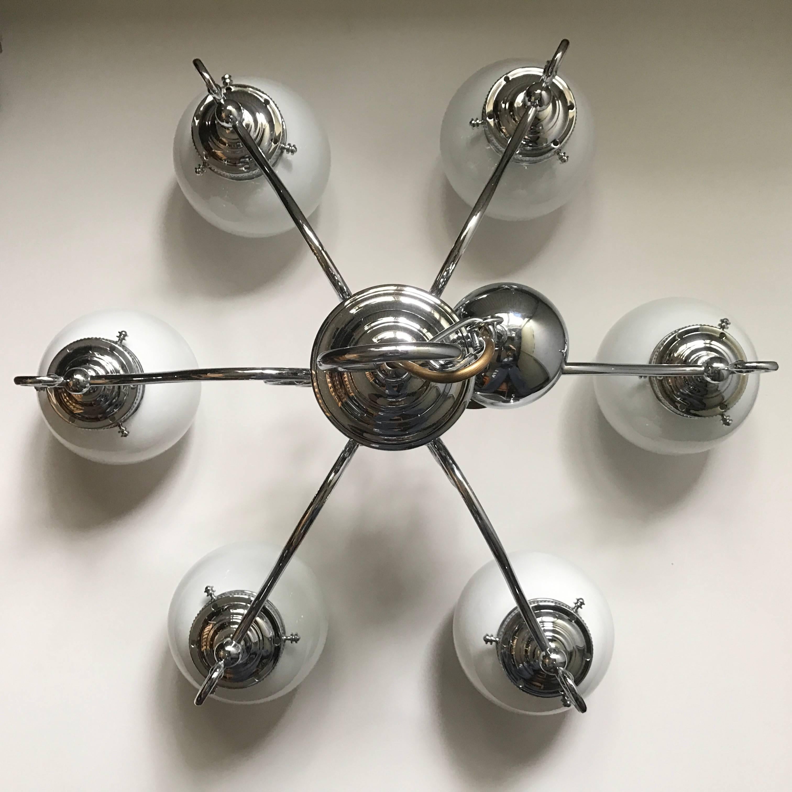 Mid-20th Century Swedish Art Deco Style Chrome and Glass Six-Bulb Chandelier For Sale 1