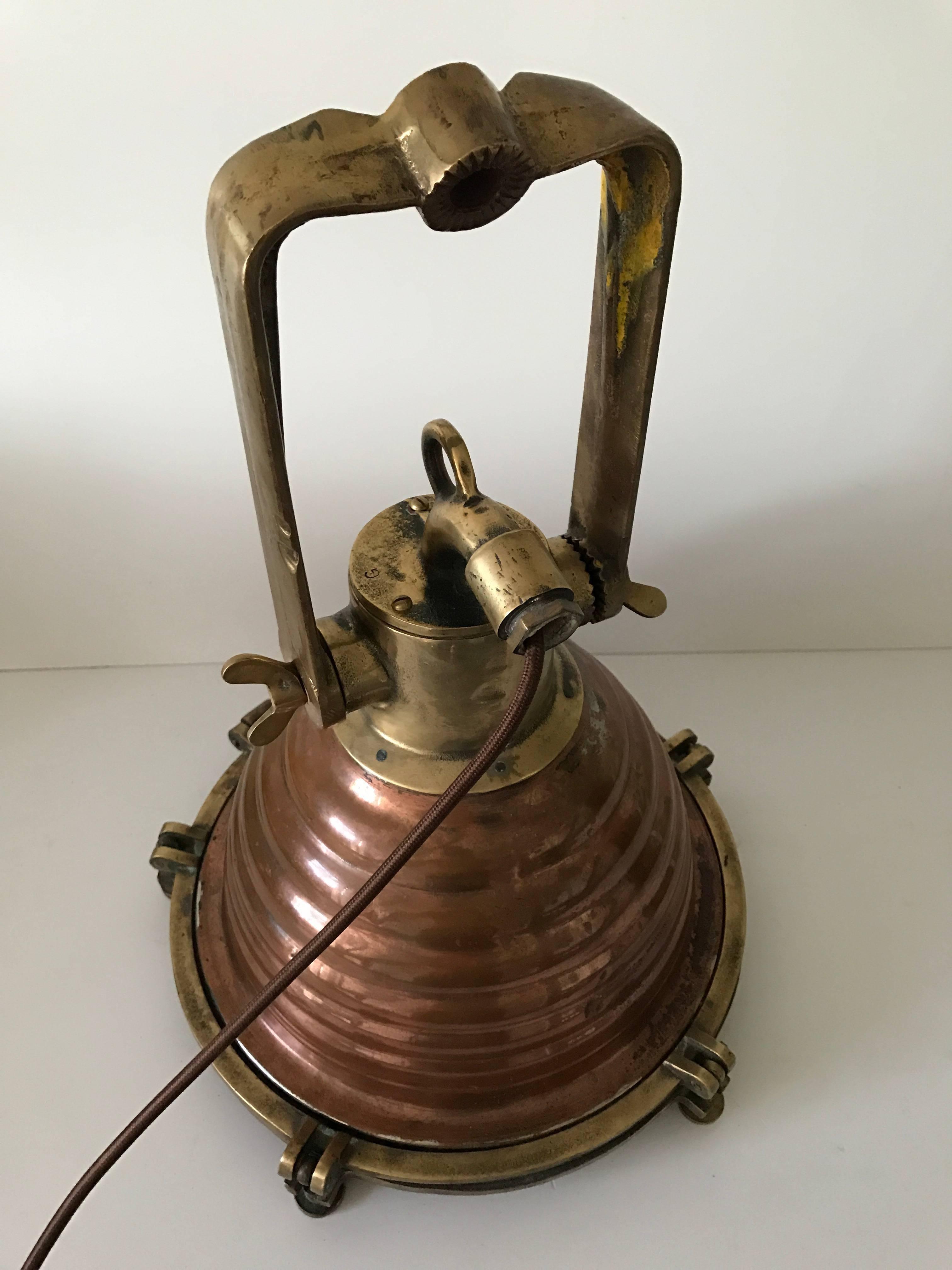 Early 20th century pair of Wiska ships deck lights or floodlights.
Dressed with copper and brass on the outside and steel on the inside as the reflector. This beautiful pair comes with new wiring and new plugs and they have been looked over so that