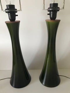 Pair Large 1950 Swedish Bergbom Holmegaard Dark Green Glass and Teak Table Lamps