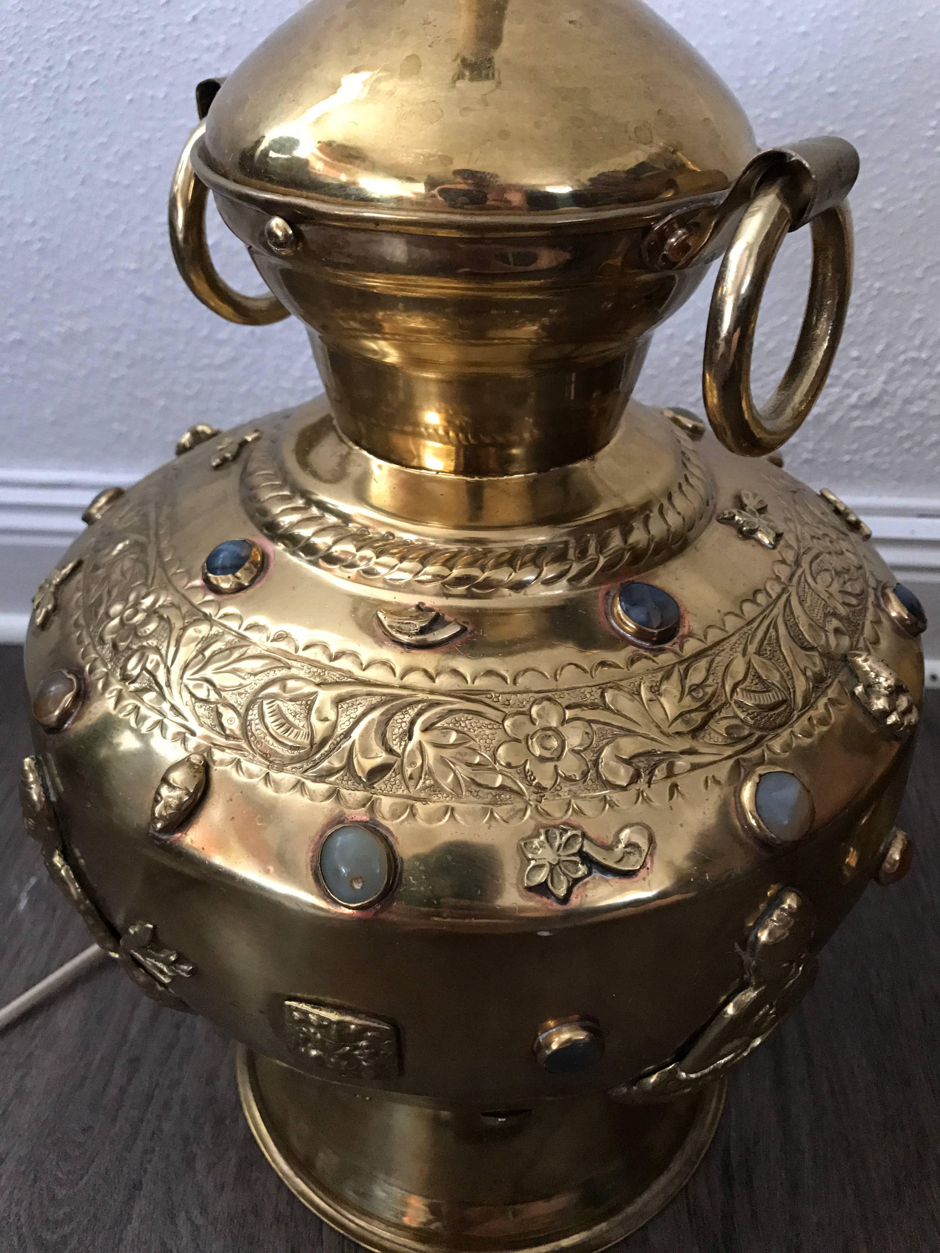 Pair of Large Asian Buddha Brass Precious Stones Decorated Table Lamps In Excellent Condition For Sale In Drottningholm, SE