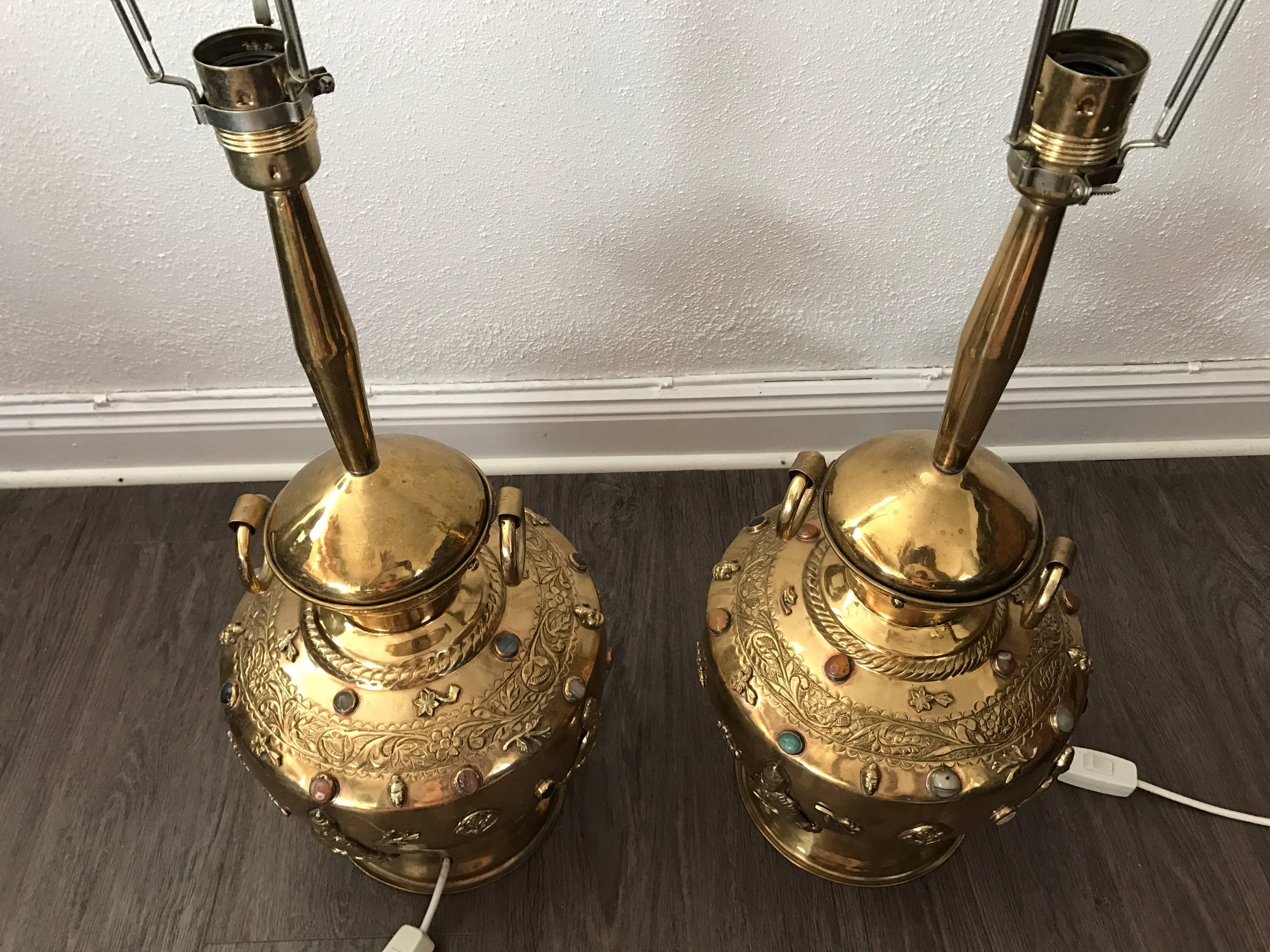 Pair of Large Asian Buddha Brass Precious Stones Decorated Table Lamps For Sale 1