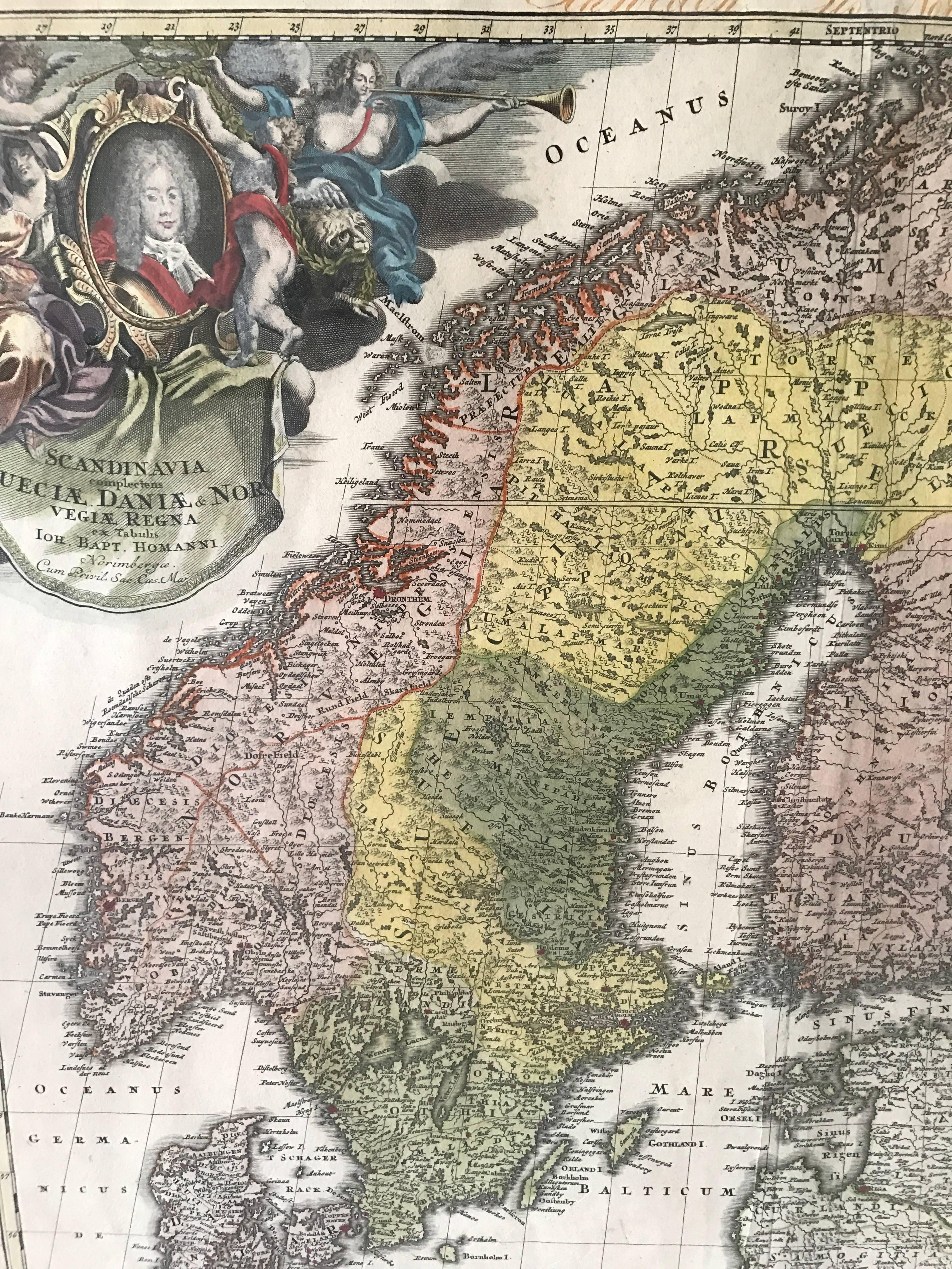 German 1735 Johan Homann Hand Colored Scandinavian Map Extremely Rare