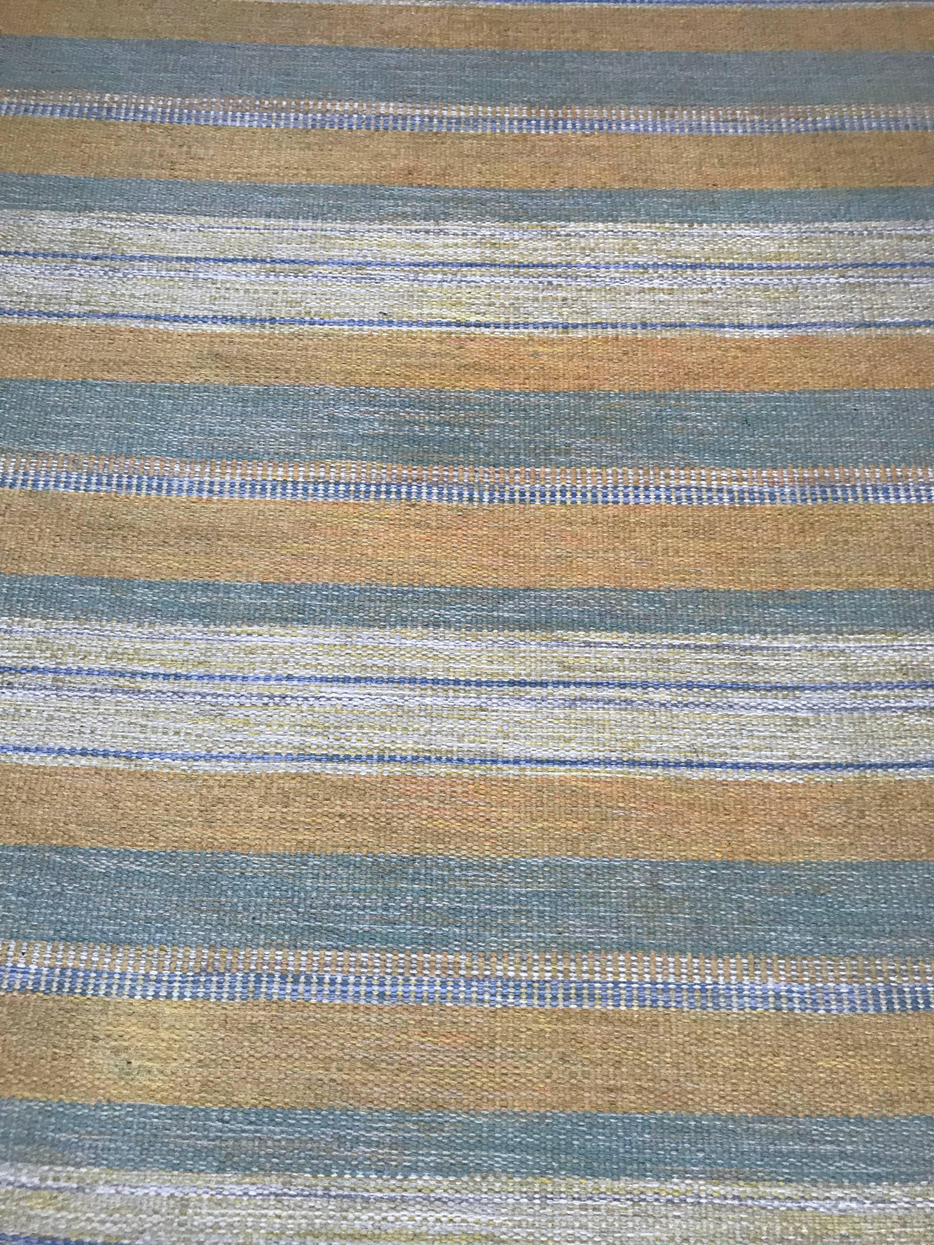 1950-1960 Swedish flat-weave Carl Malmsten wool carpet extremely rare.
This carpet is so rare that we haven’t been able to find a similar carpet after long research. This specific carpet is designed and made by Carl Malmsten and it is signed in one