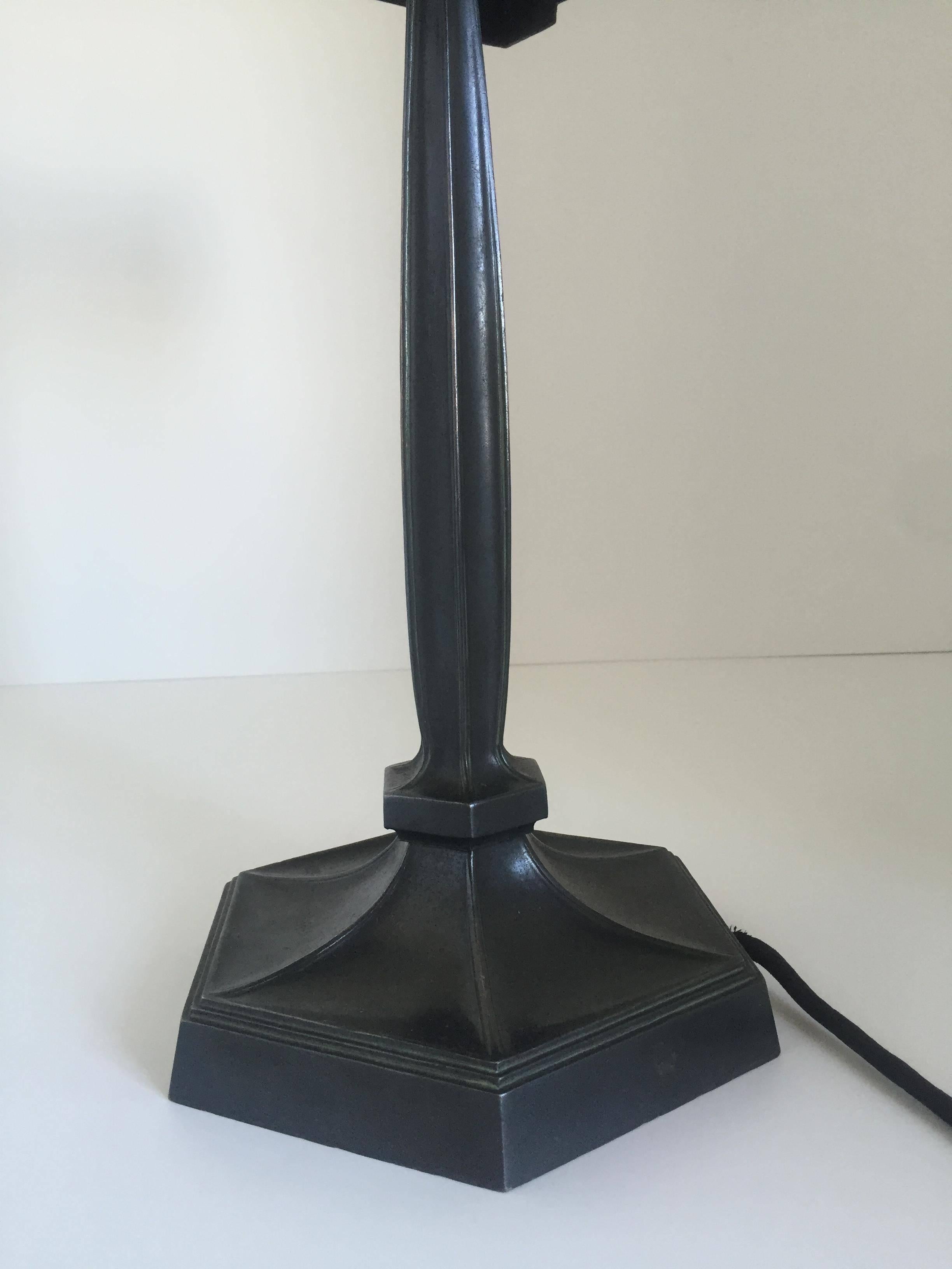 Blown Glass 1910 Swedish Art Nouveau/Jugend Bronzepatinated Spelter and Glass Table Lamp For Sale
