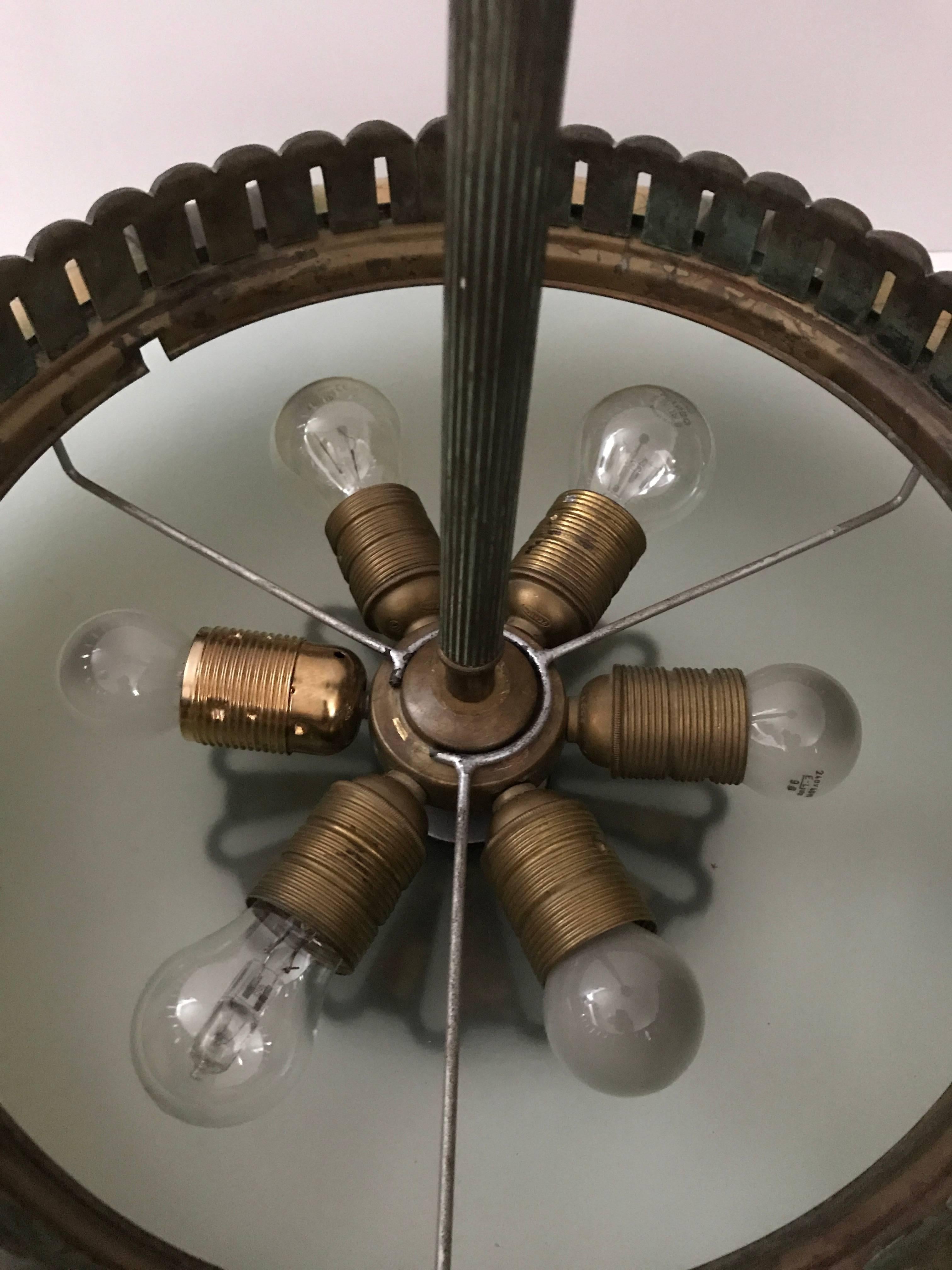 Large and Rare 1930 Swedish Böhlmarks Art Deco Glass and Bronze Pendant Lamp In Good Condition In Drottningholm, SE