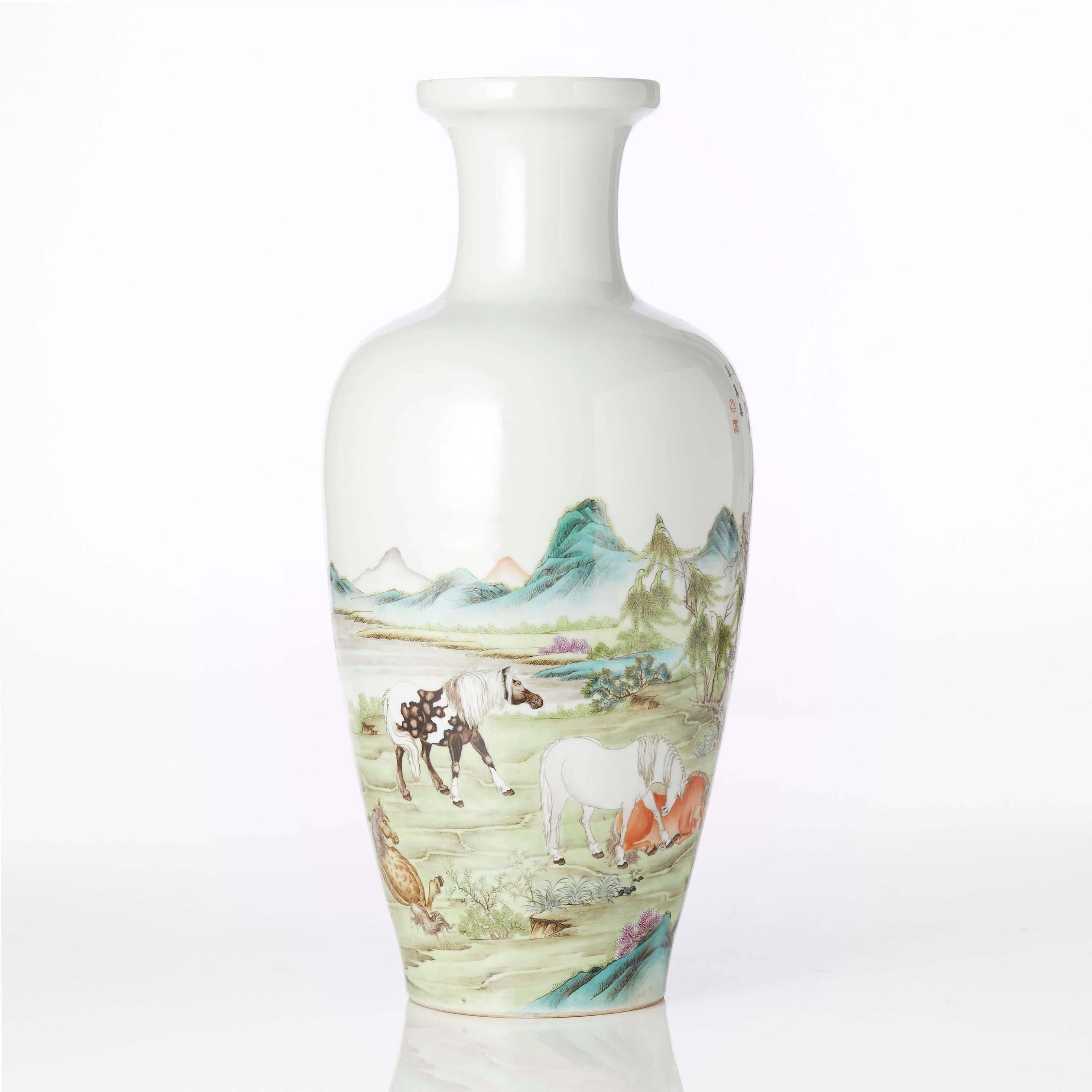 Large Chinese early republic Hongxian Mark eight horses vase.
A magnificent large vase made during the early republic 1912-1949, most likely late in the period, circa 1935-1945. The quality of the painting is astounding and brilliant, there is a