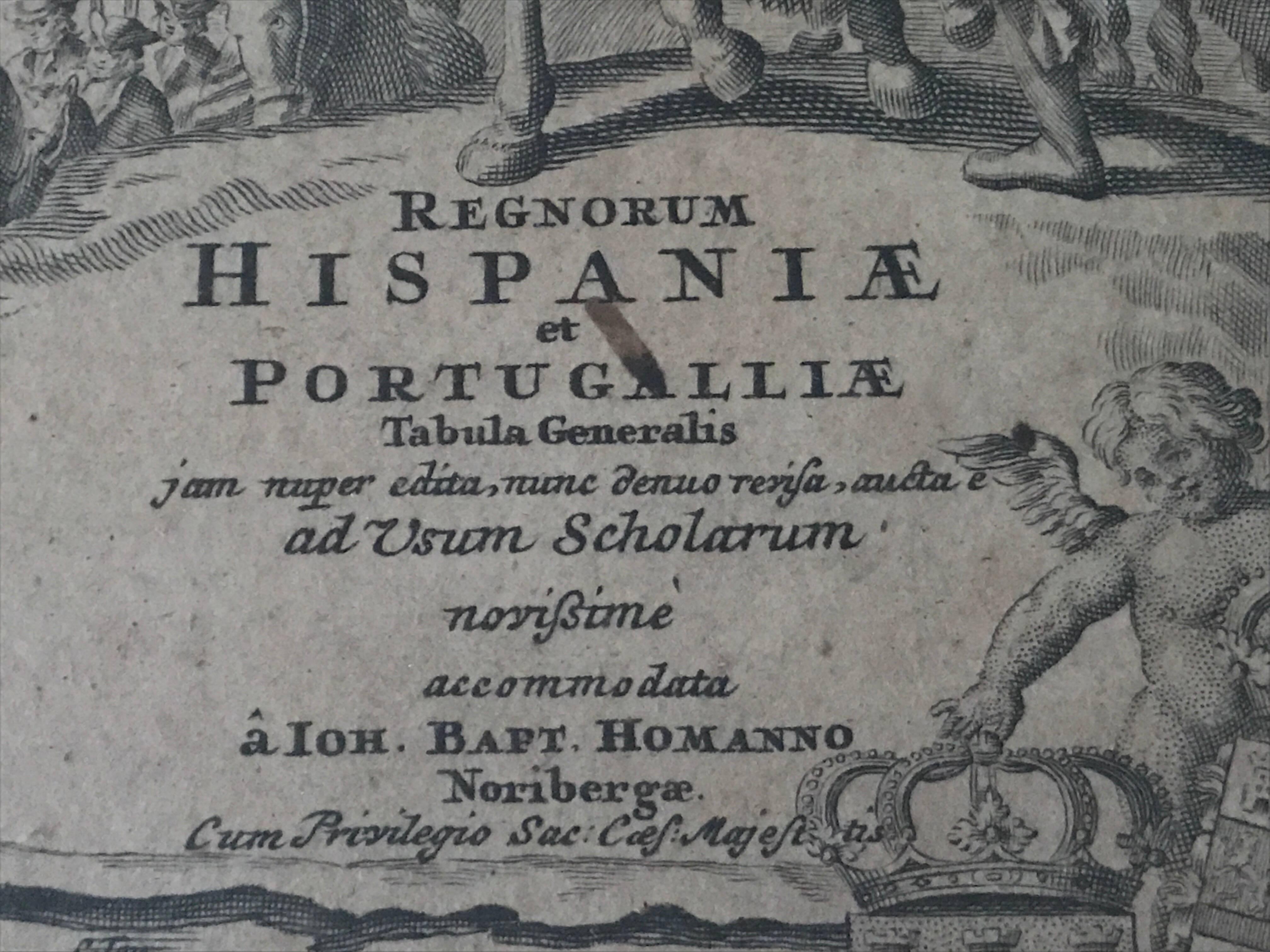 Rare map 1710 Johann Homann Regnorum Hispaniae et Portugalliae Taula Generalis 
Very decorative example of Homann's earliest map of Spain, Portugal and the Balleric Islands, with decorative large cartouche, and elaborate naval scene.

Of the