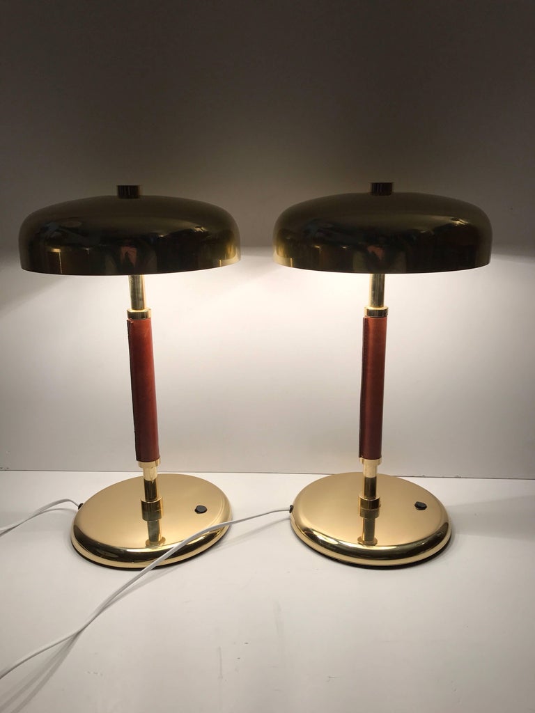 Very rare Swedish brass and leather table lamps small model by Örsjö Industri AB
These lamps that we have been able to come over was exclusively made for the SAS Radison Hotel in Gothenburg and was part of their interiors for many years. We have a